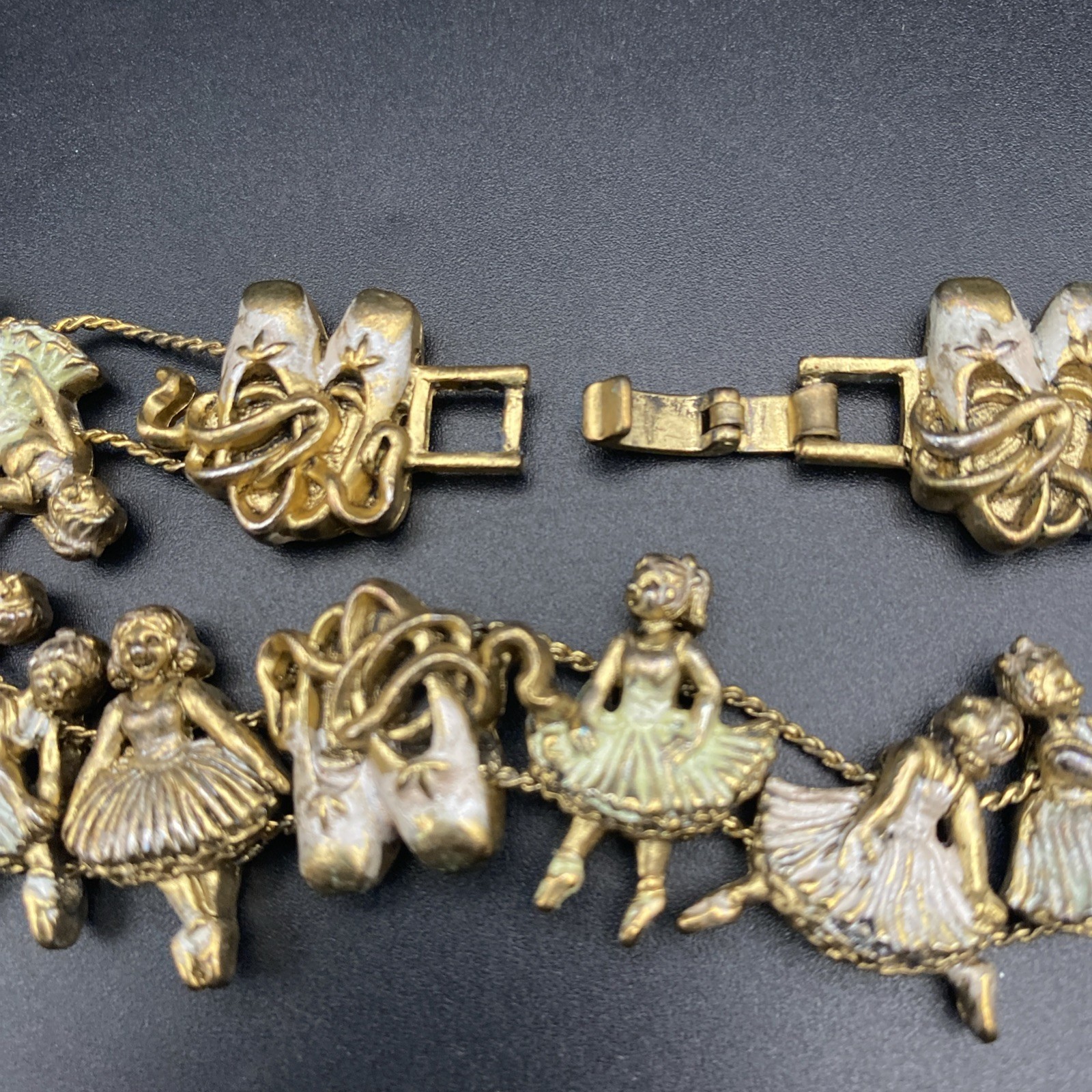 Vtg Ballerina Slide Charm Bracelet Ballet Dance Slippers Silver Wash Gold Tone