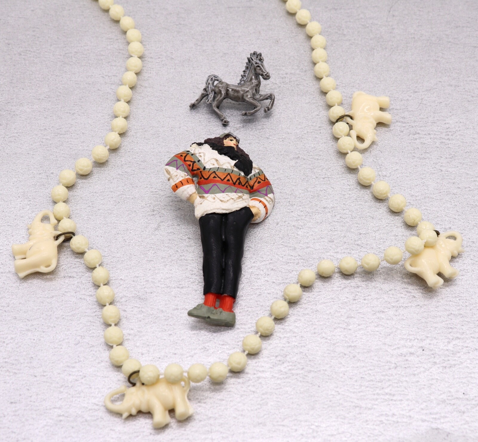 Lot 3 Vintage Figural Jewelry Elephant Necklace, Small Head Person & Horse Pin