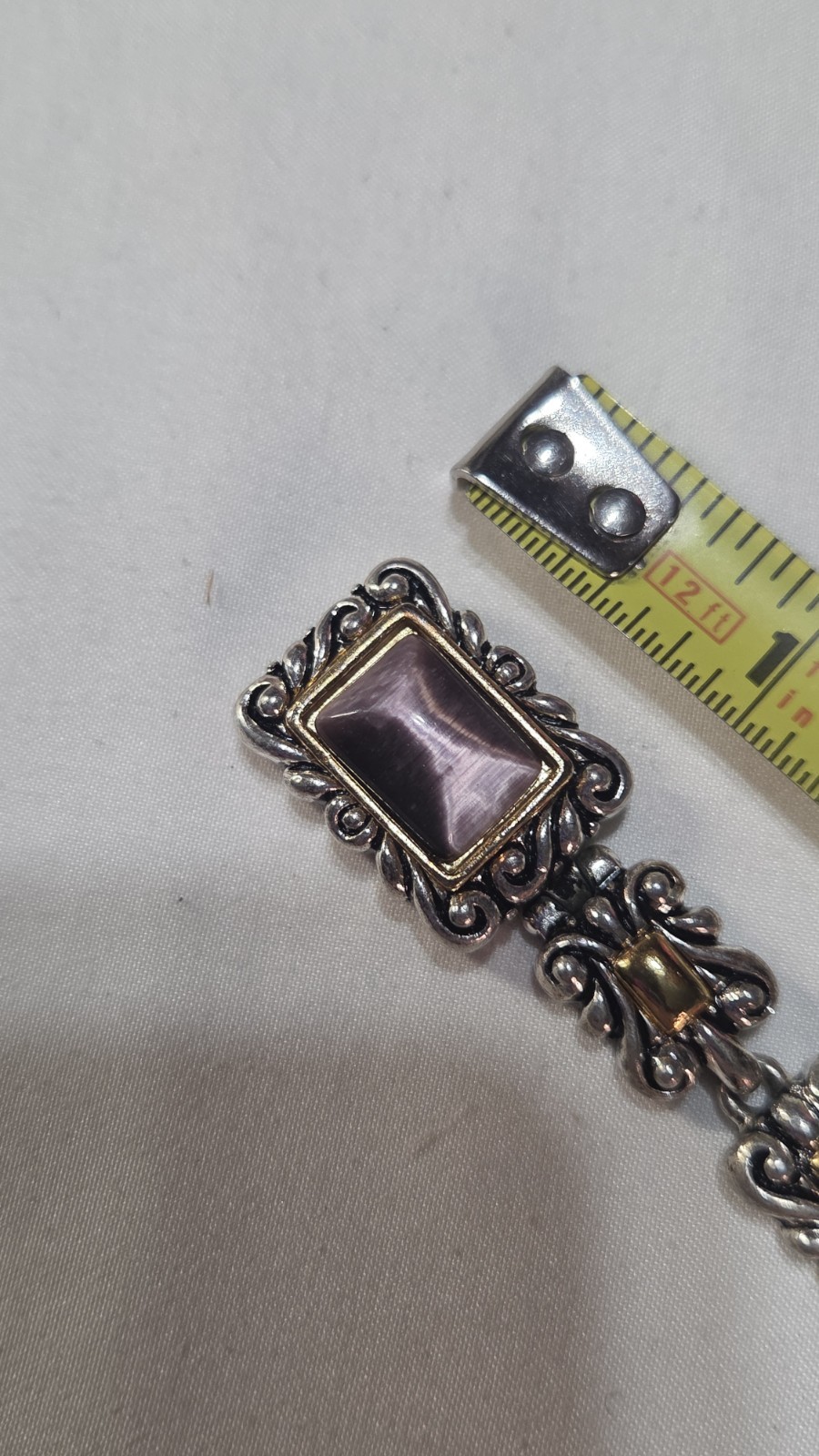 Vintage Two-Tone, Silver & Gold, 8″ Tennis Bracelet W/ Purple Cabochon (1046)