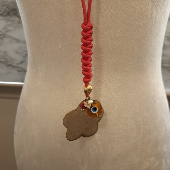 Women’ Handmade Flower Pendant Cord Necklace Red/Gold Boho,Brass 22.5 Inches