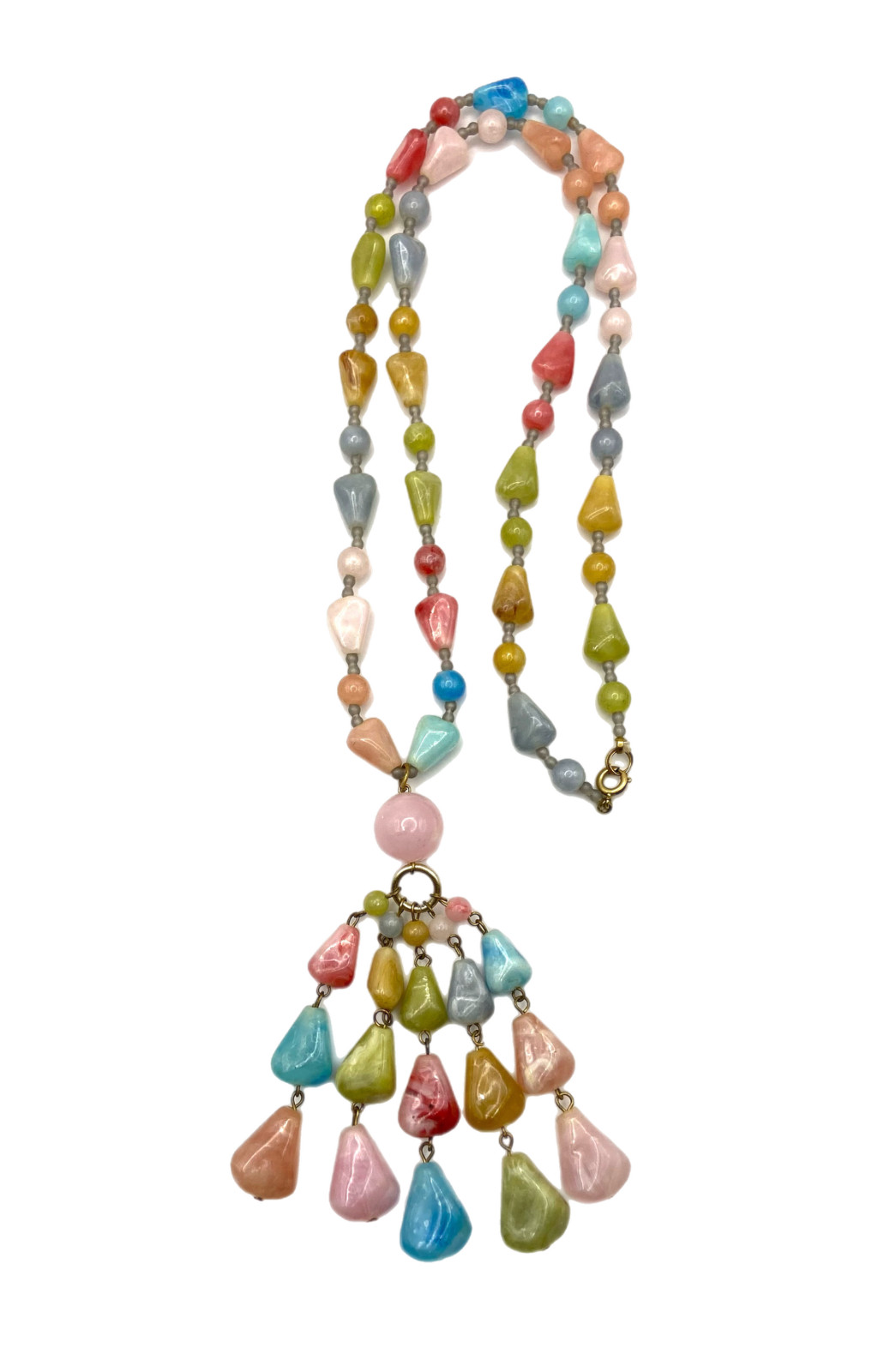 Vintage Chunky Pastel Multi-Color Beaded Tassel Pendant Necklace Plastic 30″
