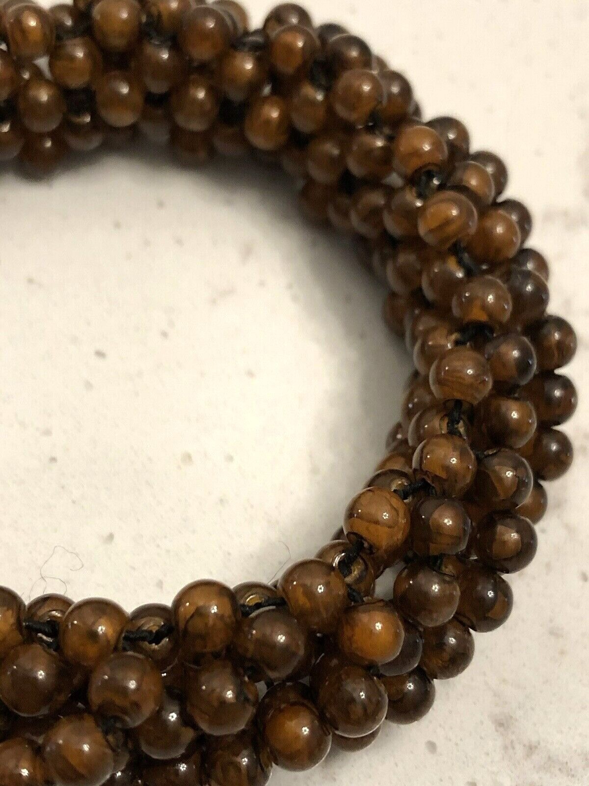 Vintage Stretch Brown Beaded Bangle Bracelet Chunky Retro Bohemian Balinese Poly