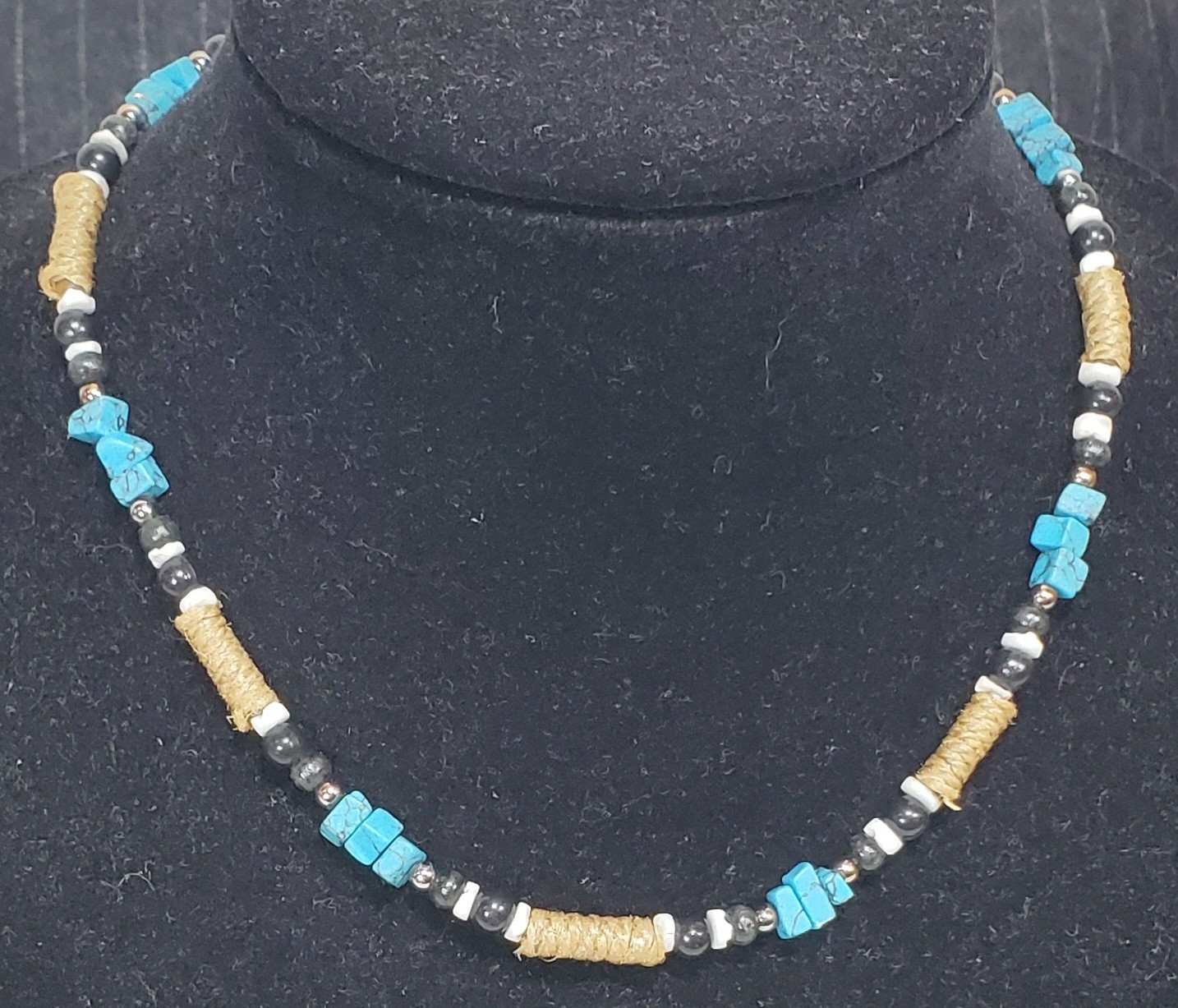 Vtg Panama Jack Southwest Hemp, Turquoise, Black & White Beads Necklace