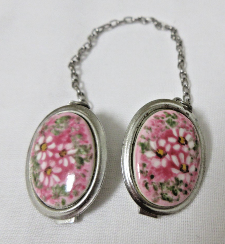 Vintage Silver Tone Hand Painted Pink with White Flowers Porcelain Sweater Clip