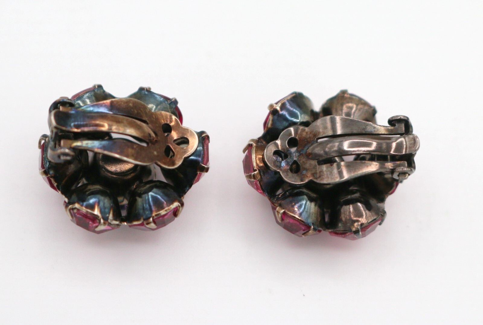 Lovely Vintage Pink & Purple Rhinestone Flower Shape Gunmetal Clip On Earrings