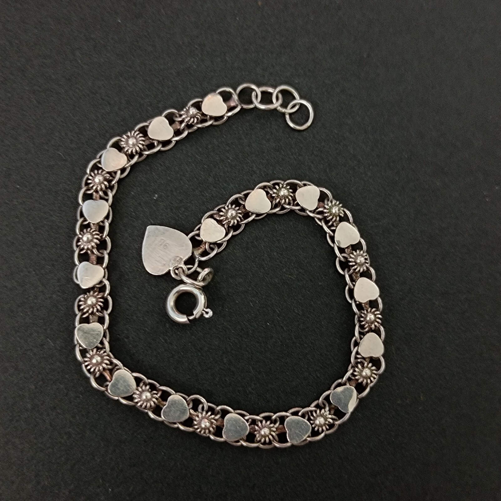 Vintage Silver Bracelet Ethnic Hearts Flowers Dainty Granulated Link Sterling