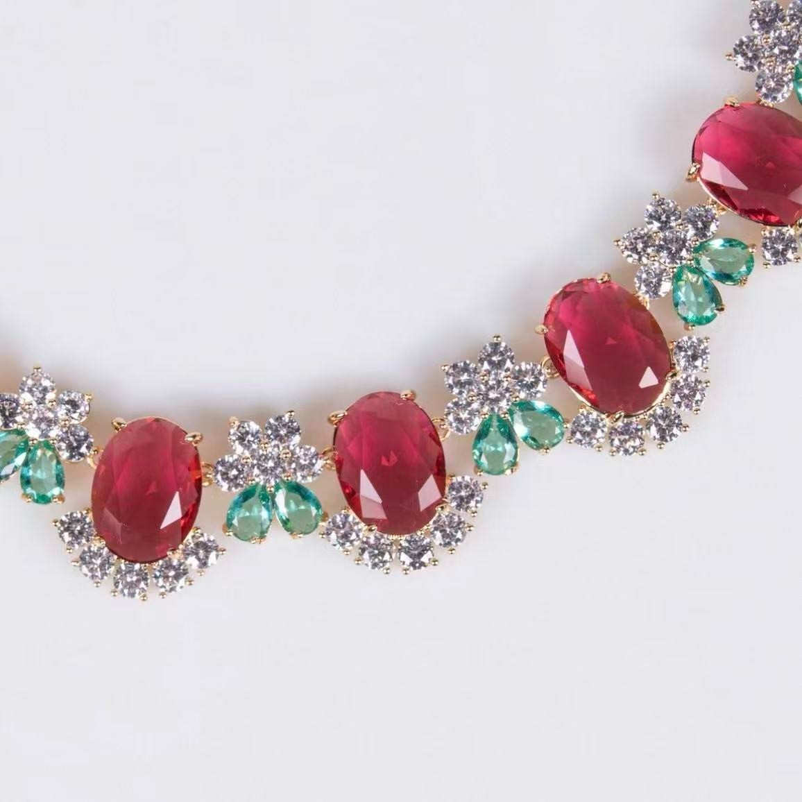 Vintage Ruby & Emerald Crystal Necklace Earrings Set Gold Tone Estate