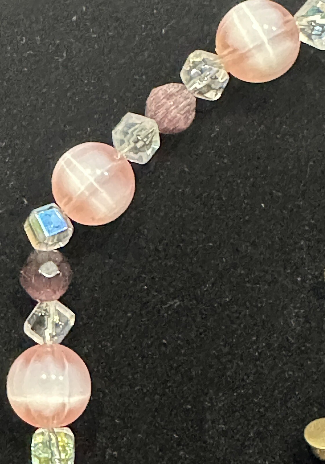 Vintage Pink Rose QUARTZ Genuine Stone & Crystal Beaded Necklace – 19” Goldtone