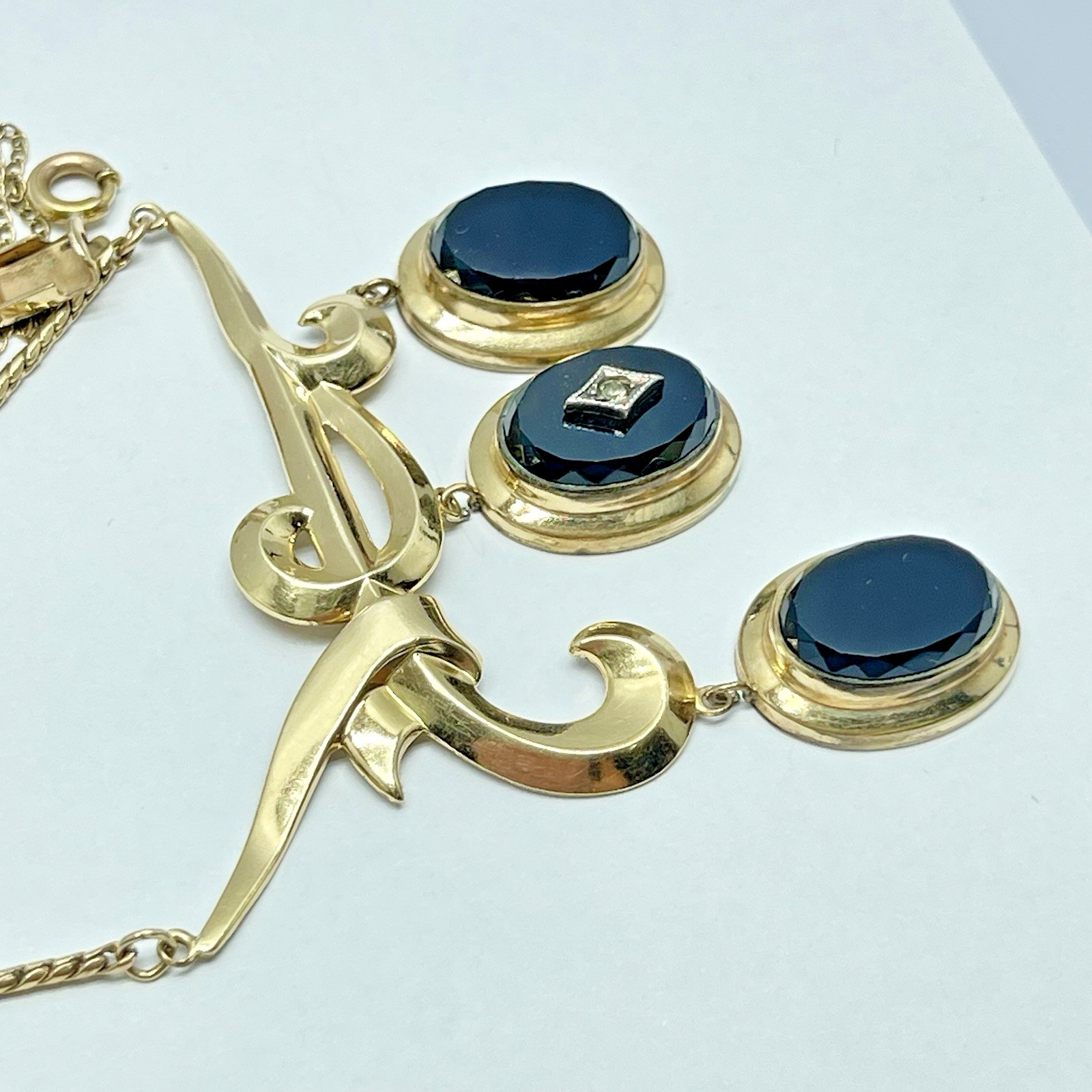 Vtg. CM 1/20 12KT GF Jewelry Set Necklace, Bracelet & Earrings Black Glass -MC