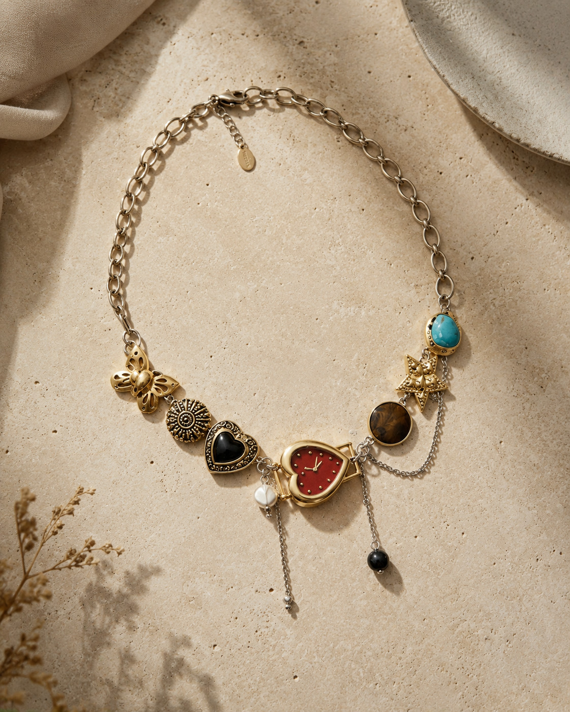 Vintage Gold Red Heart Shaped Faux Y2K Watch Choker Necklace