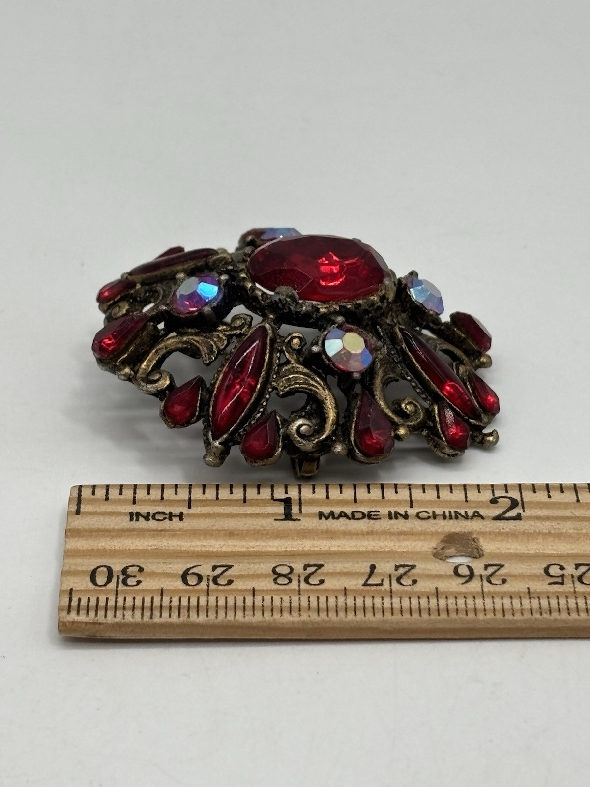 Vintage Red And Iridescent Rhinestone Brooch Antique Gold Tone 2”