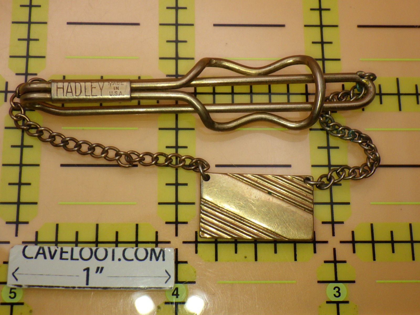 Vintage Hadley Tie Bar with Chain and Deco Striped Fob Gold Tone Mid Century USA