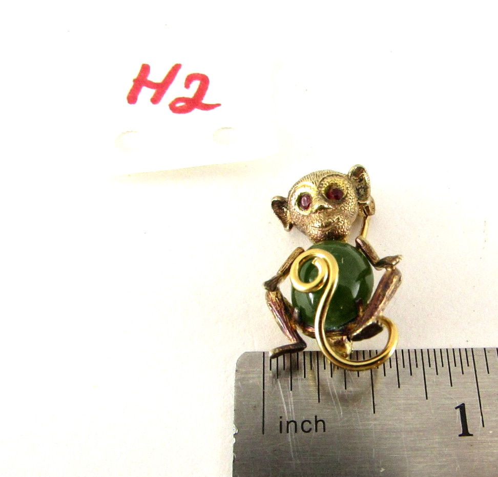 Vintage Estate AC Sterling Silver & Nephrite Jade Brooch Pin Monkey 1”