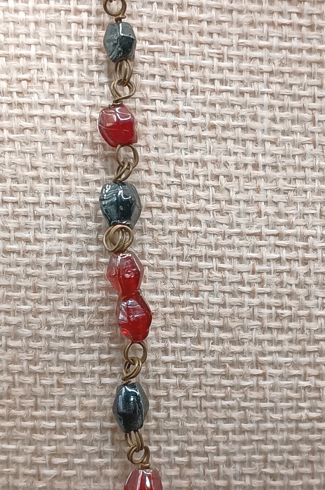 Vintage Czech Glass Beaded Necklace AB Red Black Petite Beads Dainty 36″