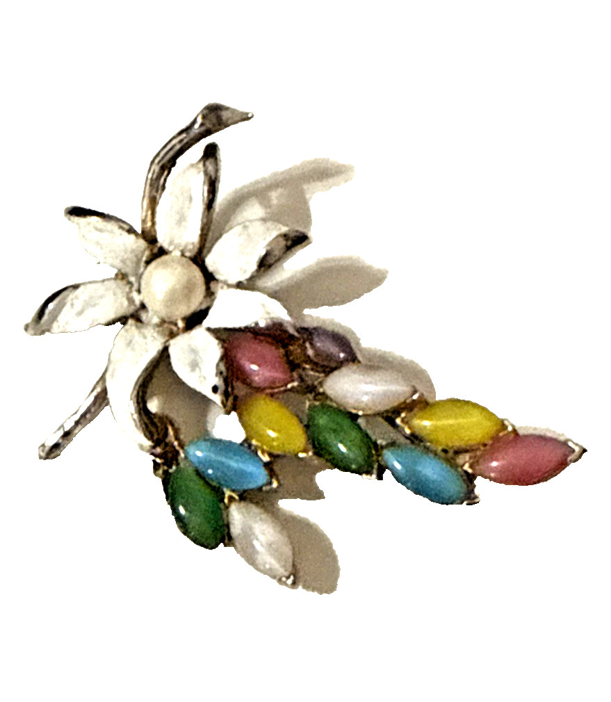 Vintage Floral Brooch Purple Pink Blue Yellow Cabochon White Enamel Pin 2.5″