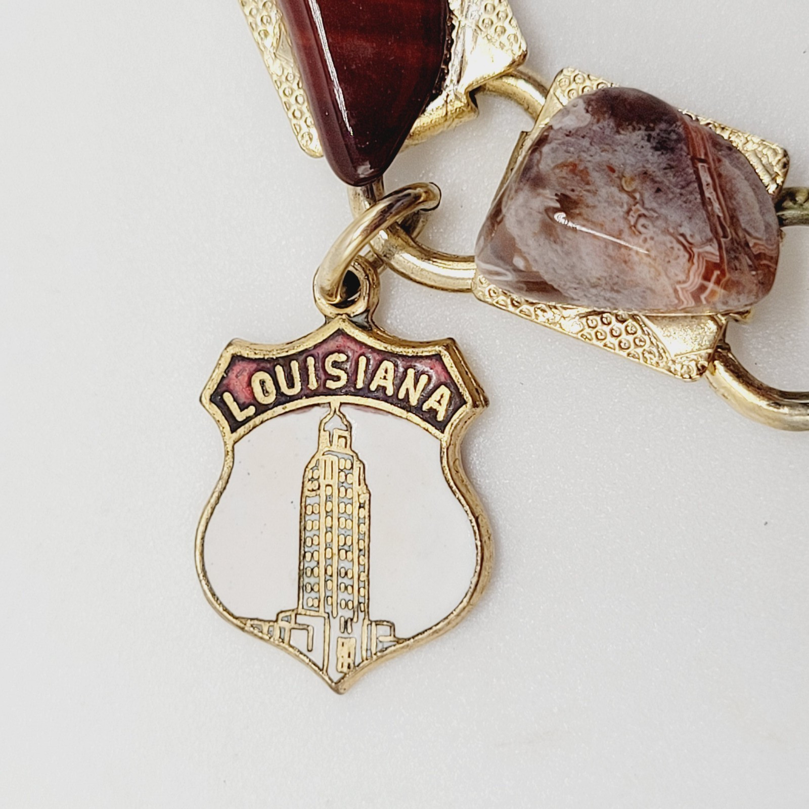 Souvenir Louisiana Natures Worldwide Polished Gemstones Gold Tone Vtg Bracelet