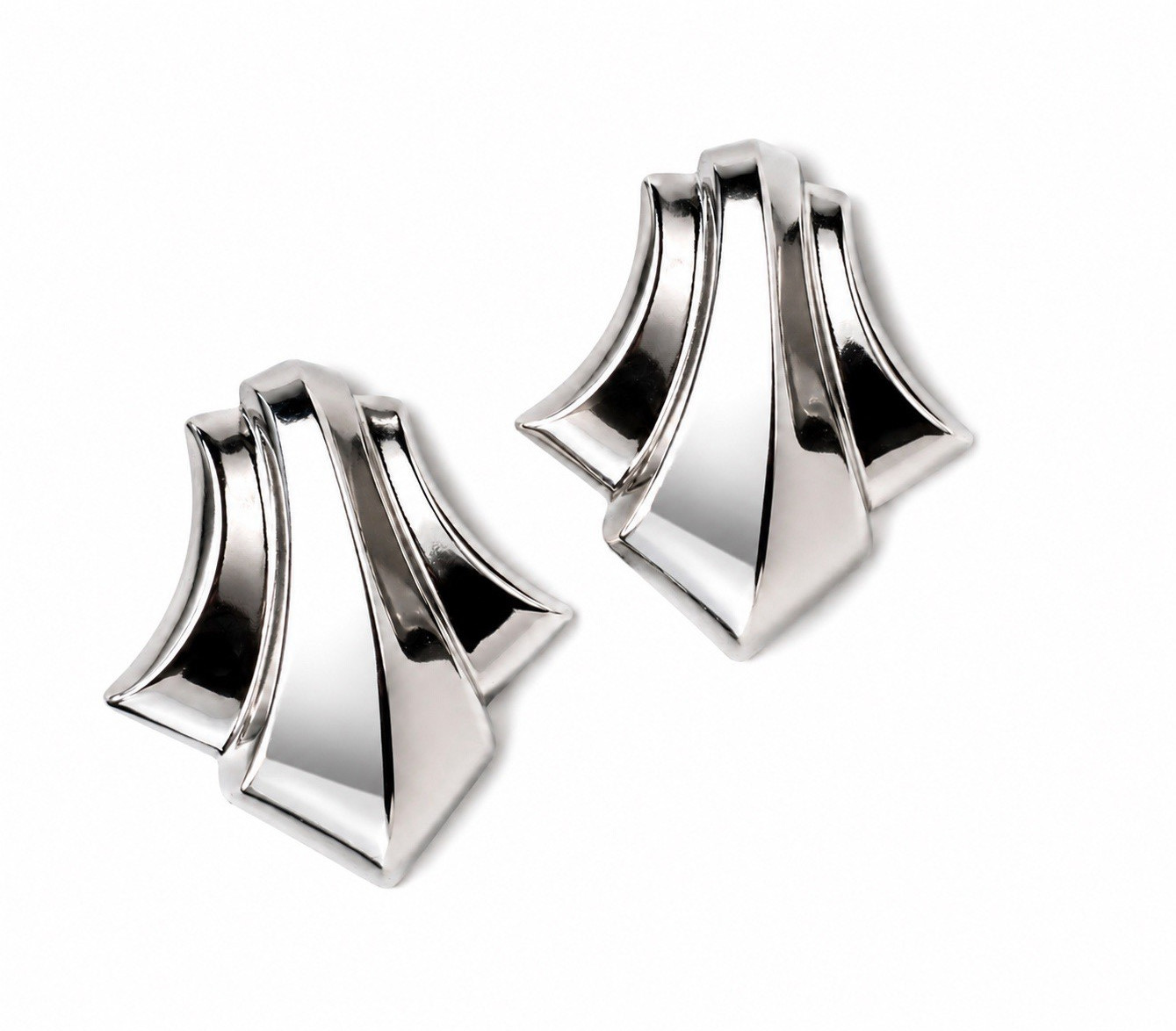 Vintage Silver Tone Sculptural Statement Earrings Geometric Modernist Pierced