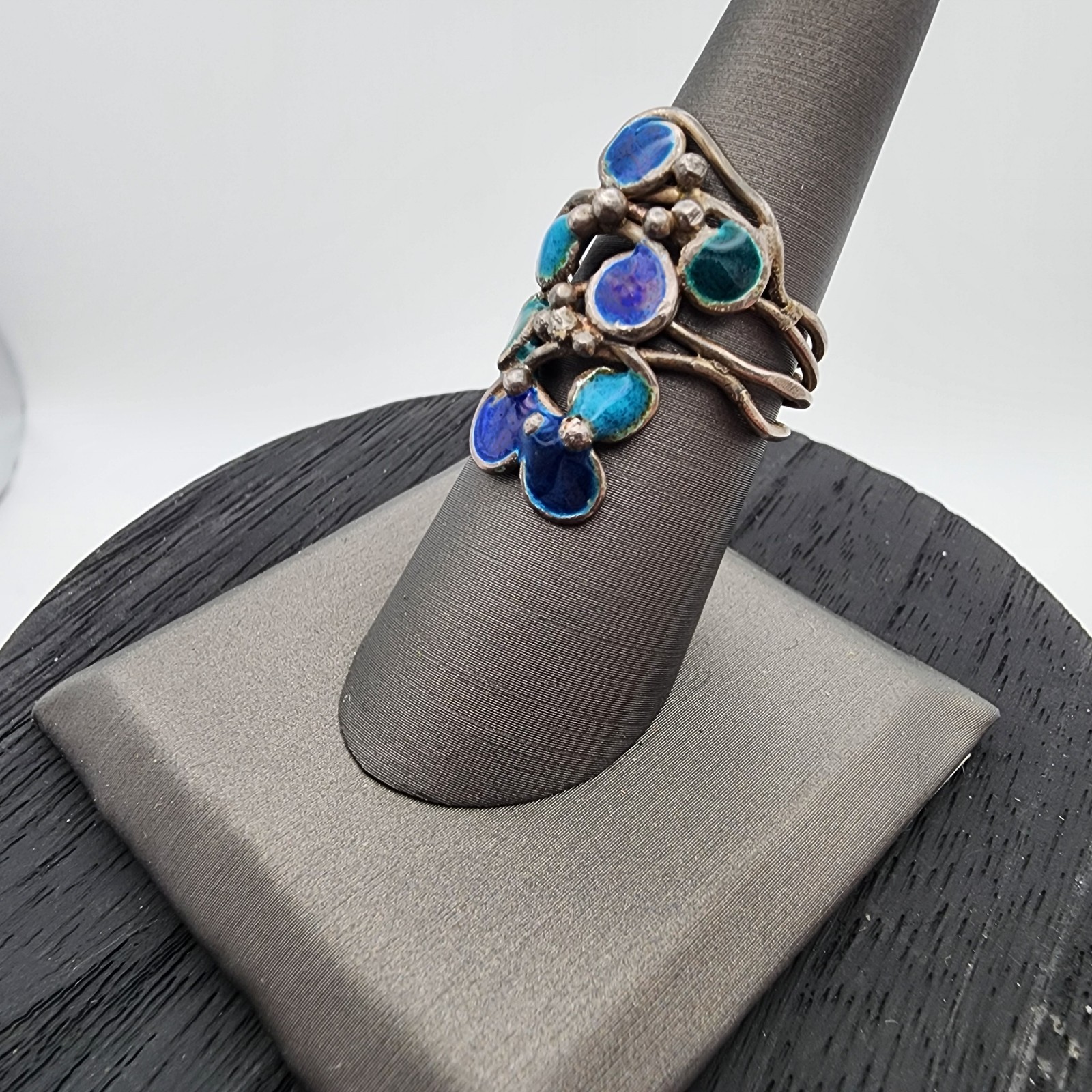 Vintage Signed RP Silver Teal Enamel Brutalist Multi Wire Strand Ring 7″