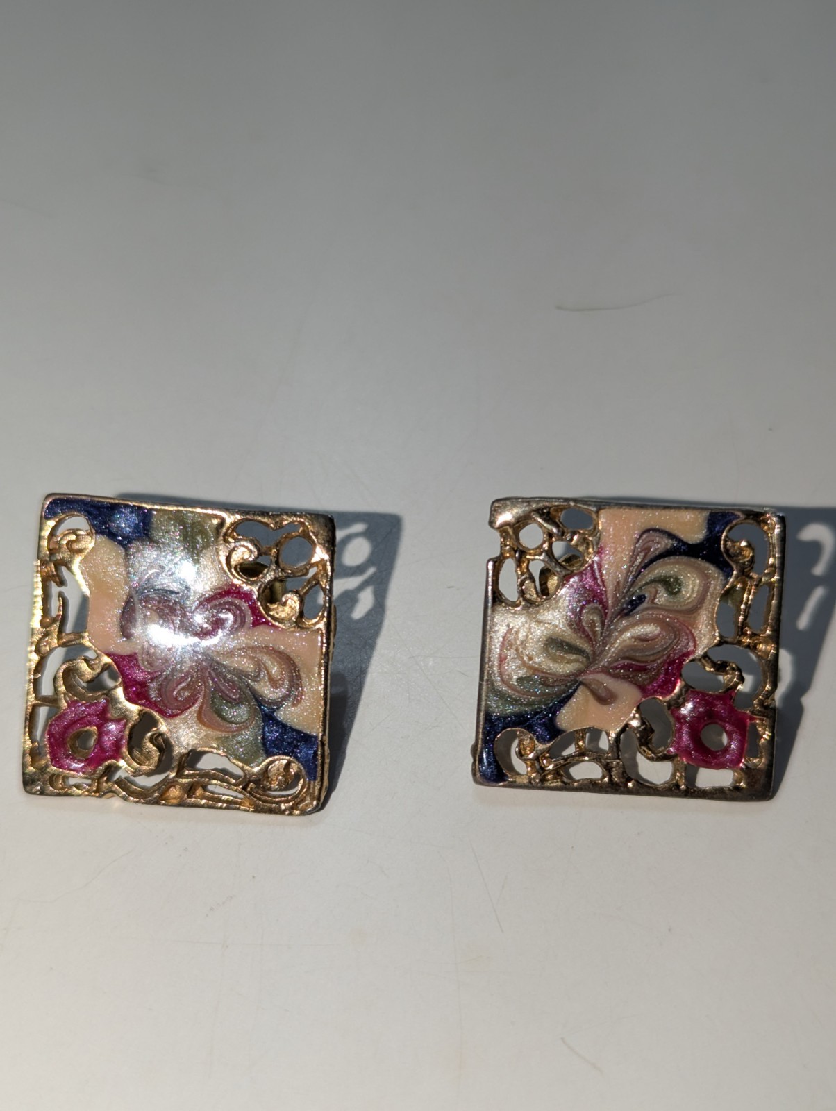 1990’s Abstract Purple/Blue/Cream/Green Square Earrings