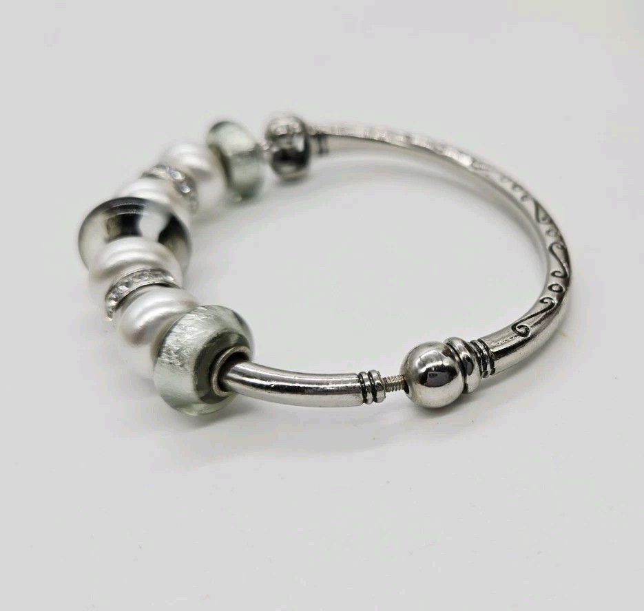 Hinged Bangle bracelet Silver tone Add a Bead One Size OSFM 9 beads