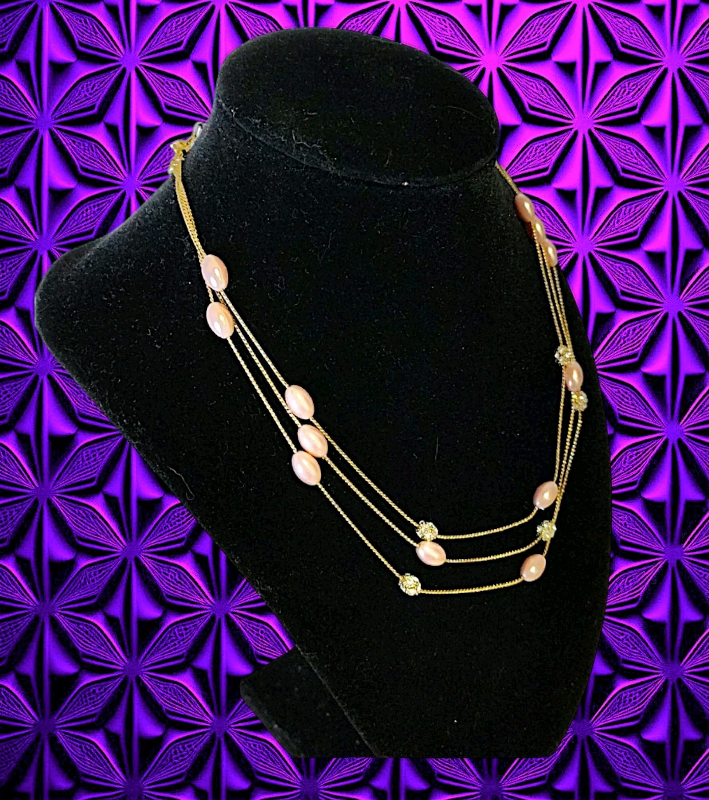 Vintage Monet 3-Strand Gold Tone Necklace Oval Bead Pave Rhinestone Ball 16″-18″