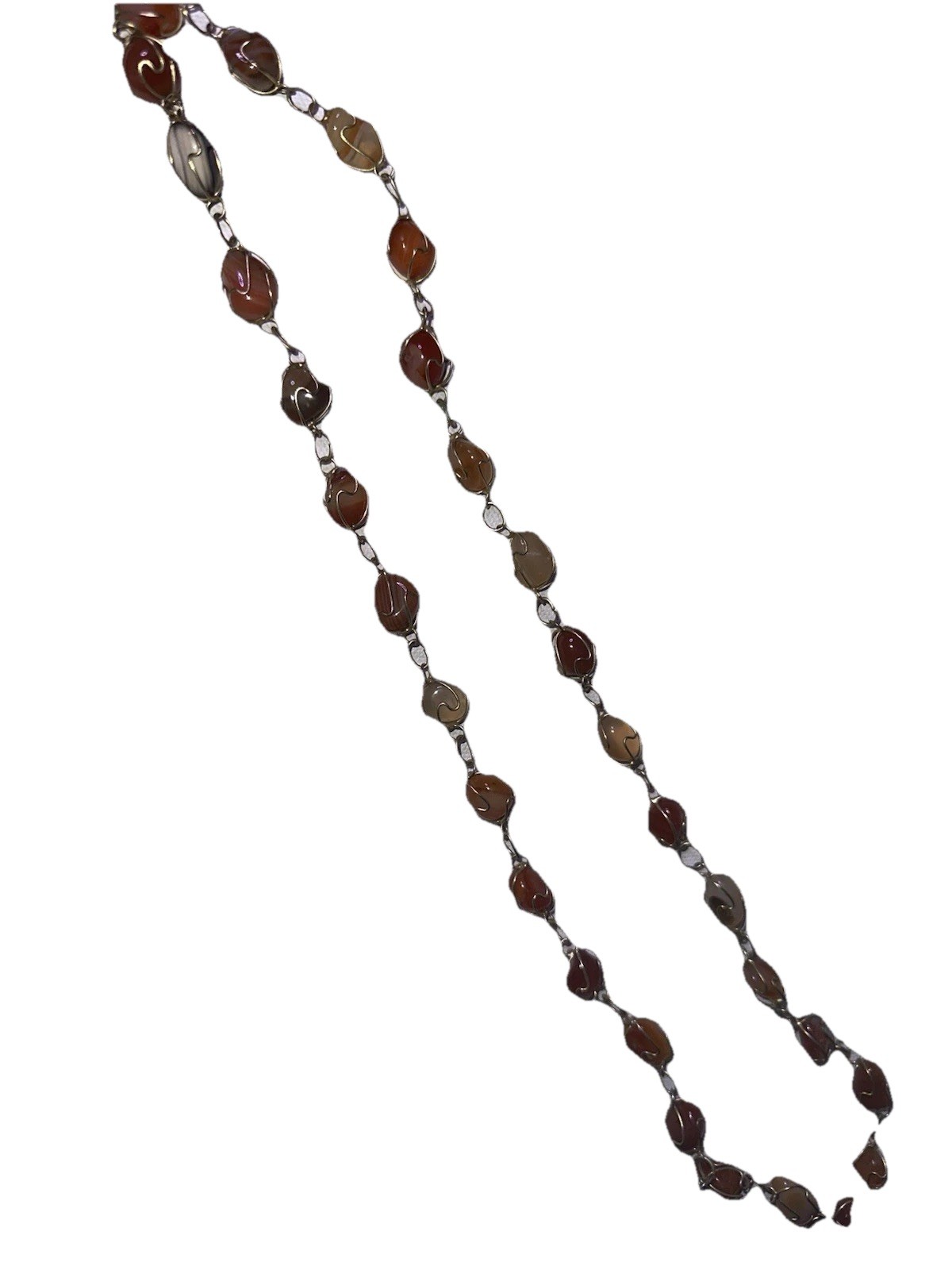 Vintage Agate Stone Necklace 30” Hand Wrapped Brass Wire Chain Boho Earthy