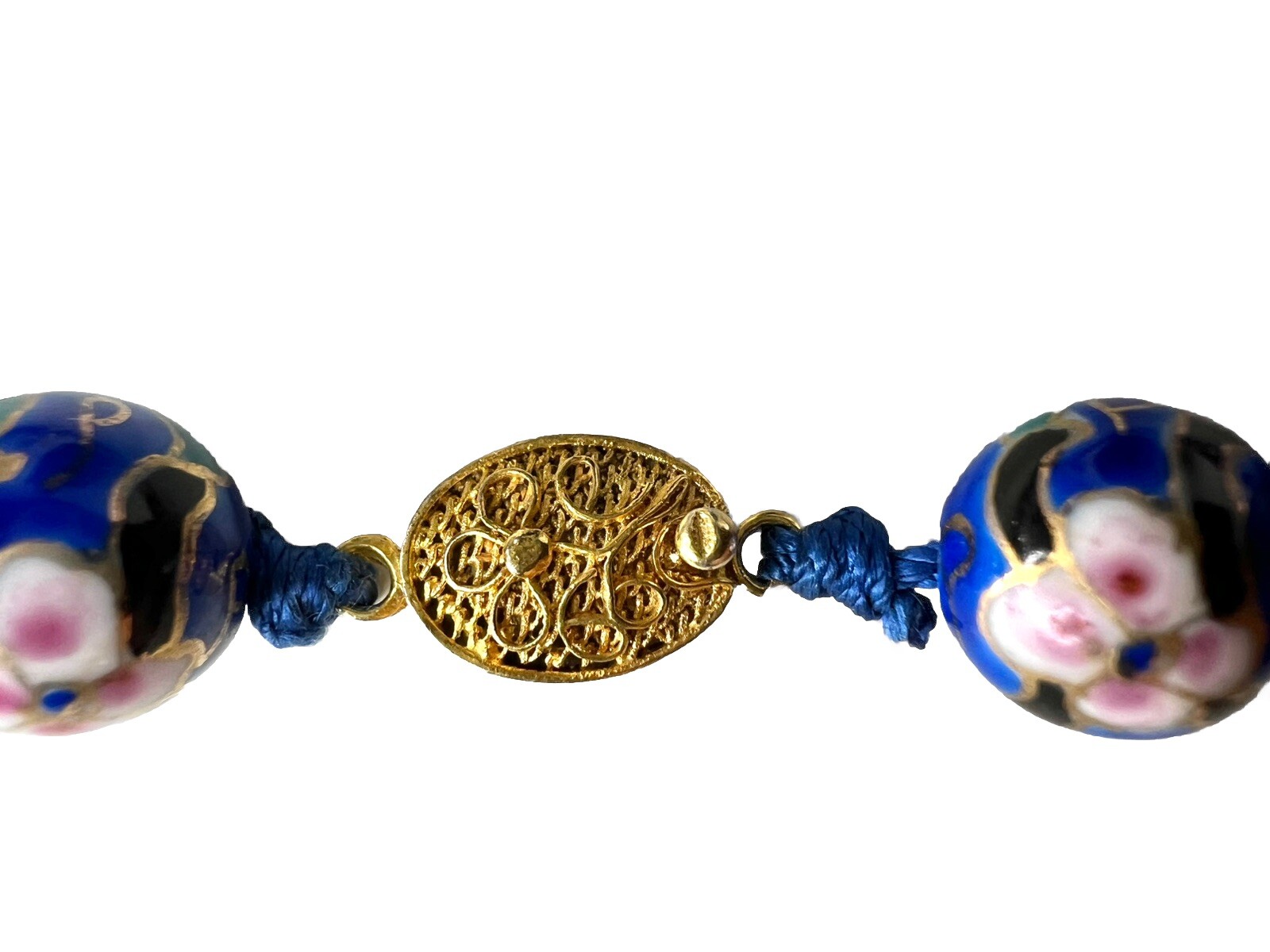 CLOISONNÉ Enamel Bead Necklace Blue Cherry Blossom Gold VTG Hand Knot 12mm 25”L