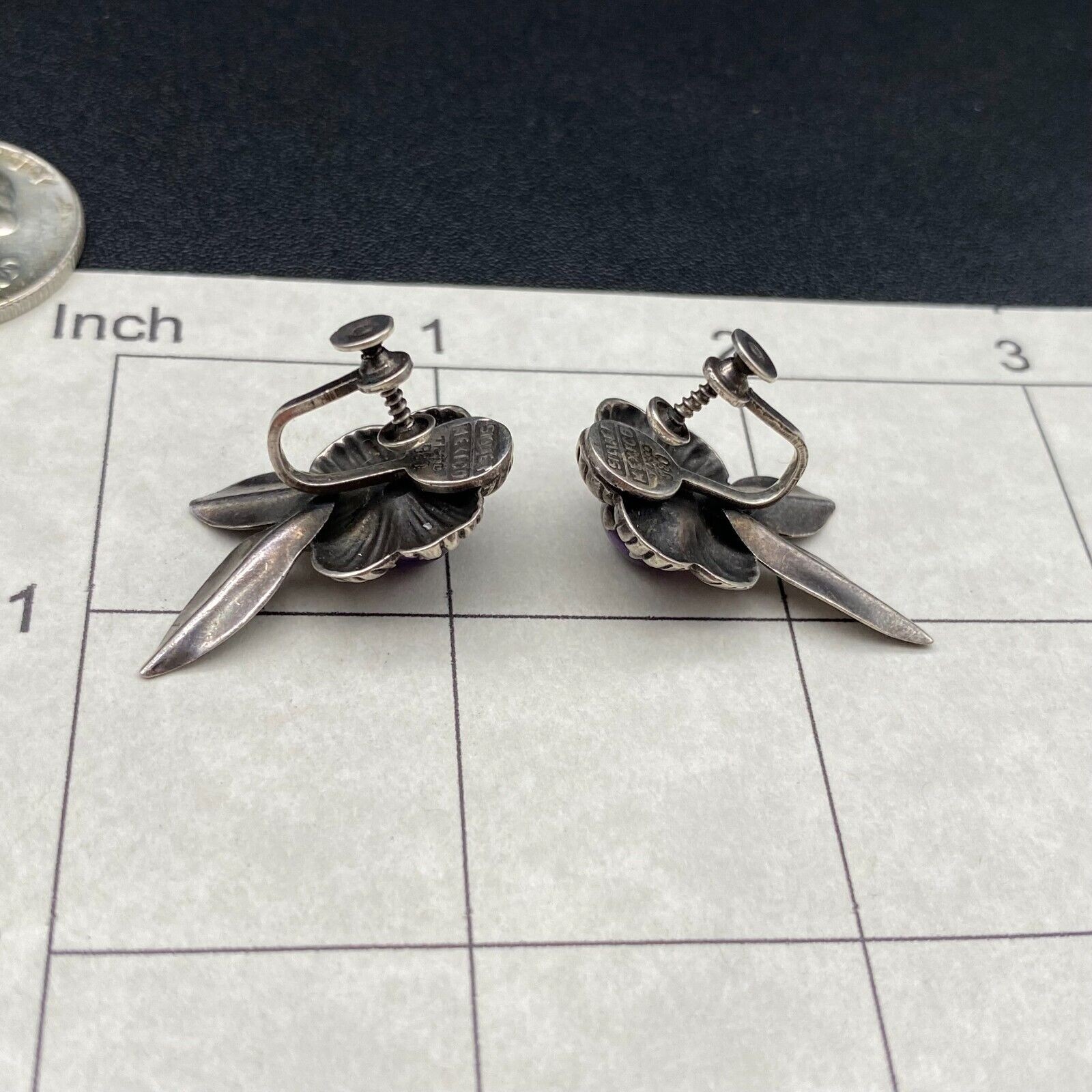 Vintage Mexico Amethyst Flower Sterling Silver Taxco 980 Screw Back Earrings