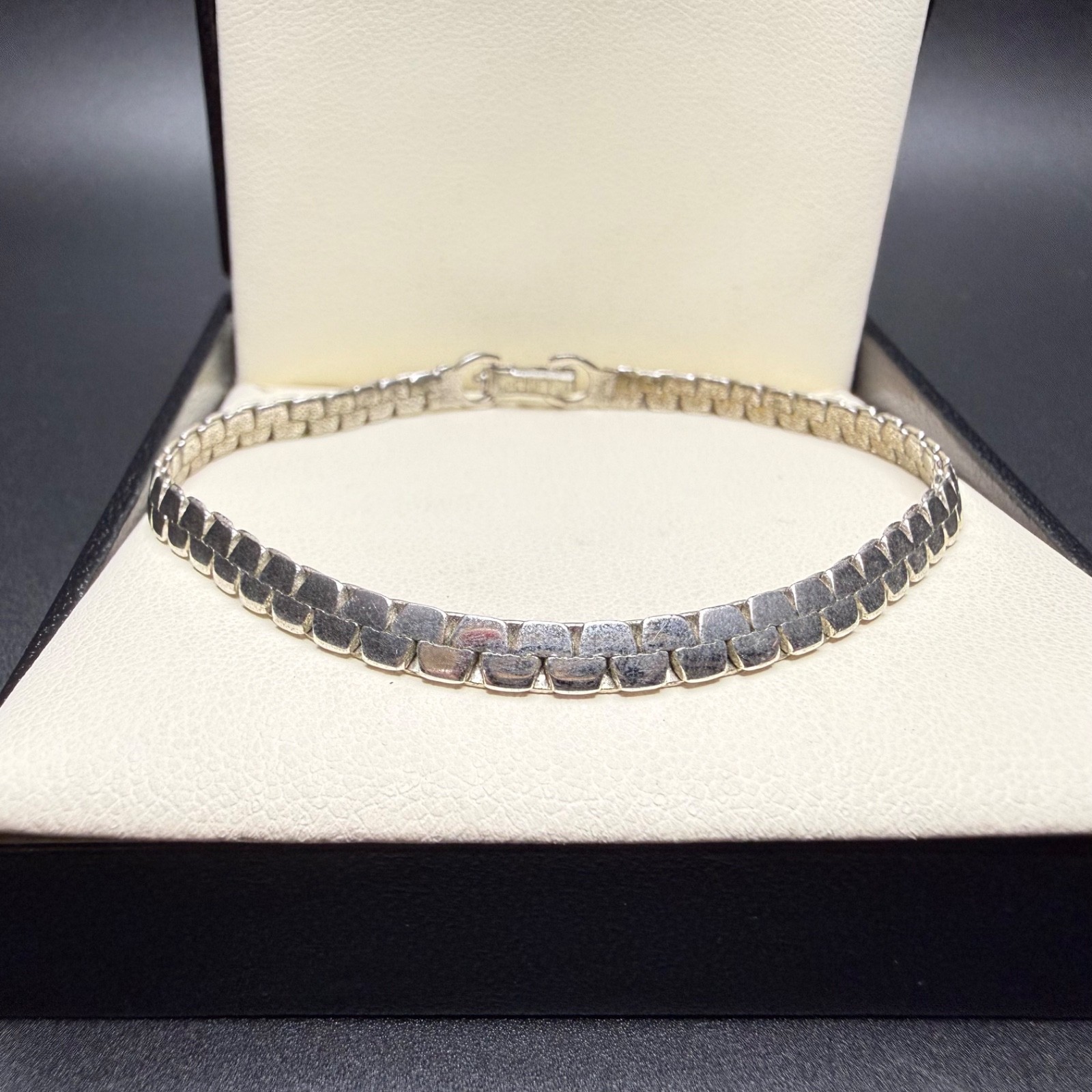 Vintage Monet Silver Tone Brick Tile Link Bracelet Fold Over Clasp Minimalist