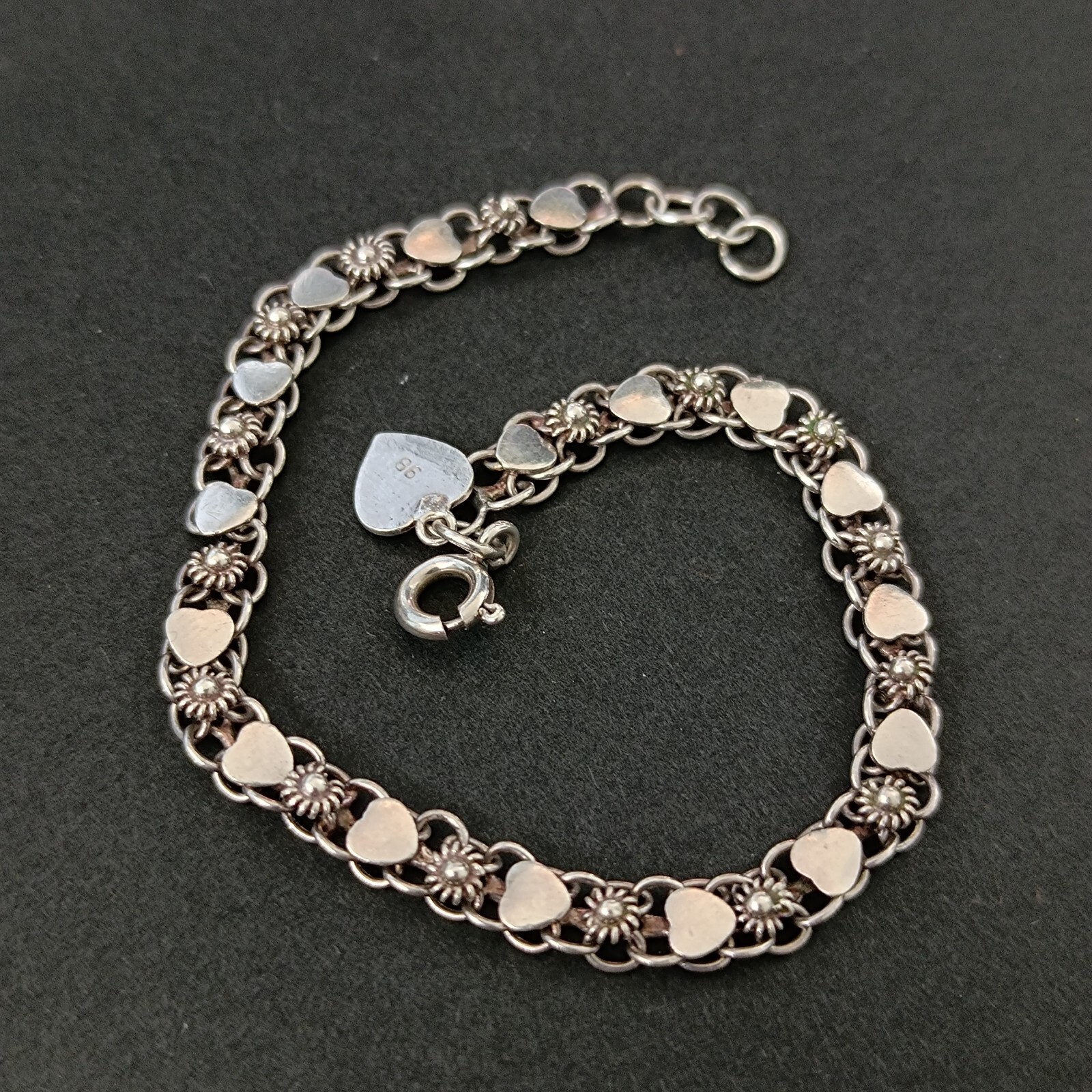 Vintage Silver Bracelet Ethnic Hearts Flowers Dainty Granulated Link Sterling