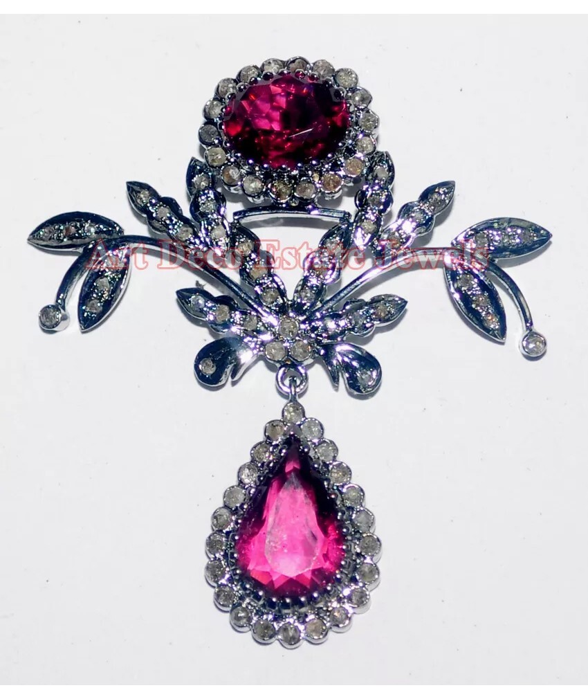 2.10ct Rose Cut Diamond 925 Sterling Silver Ruby Antique Victorian Look Pendant