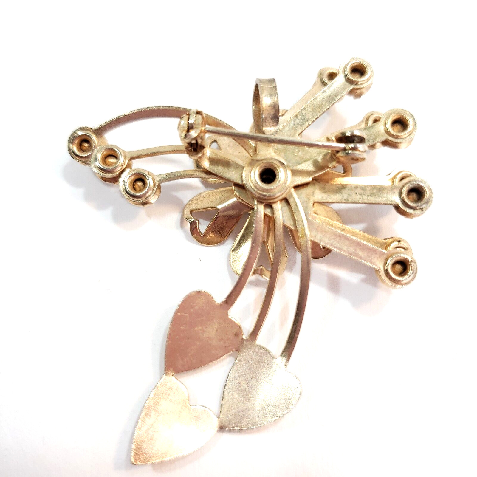 Vintage Green Rhinestone and Gold Tone Pin Brooch Pendant Flower and Hearts