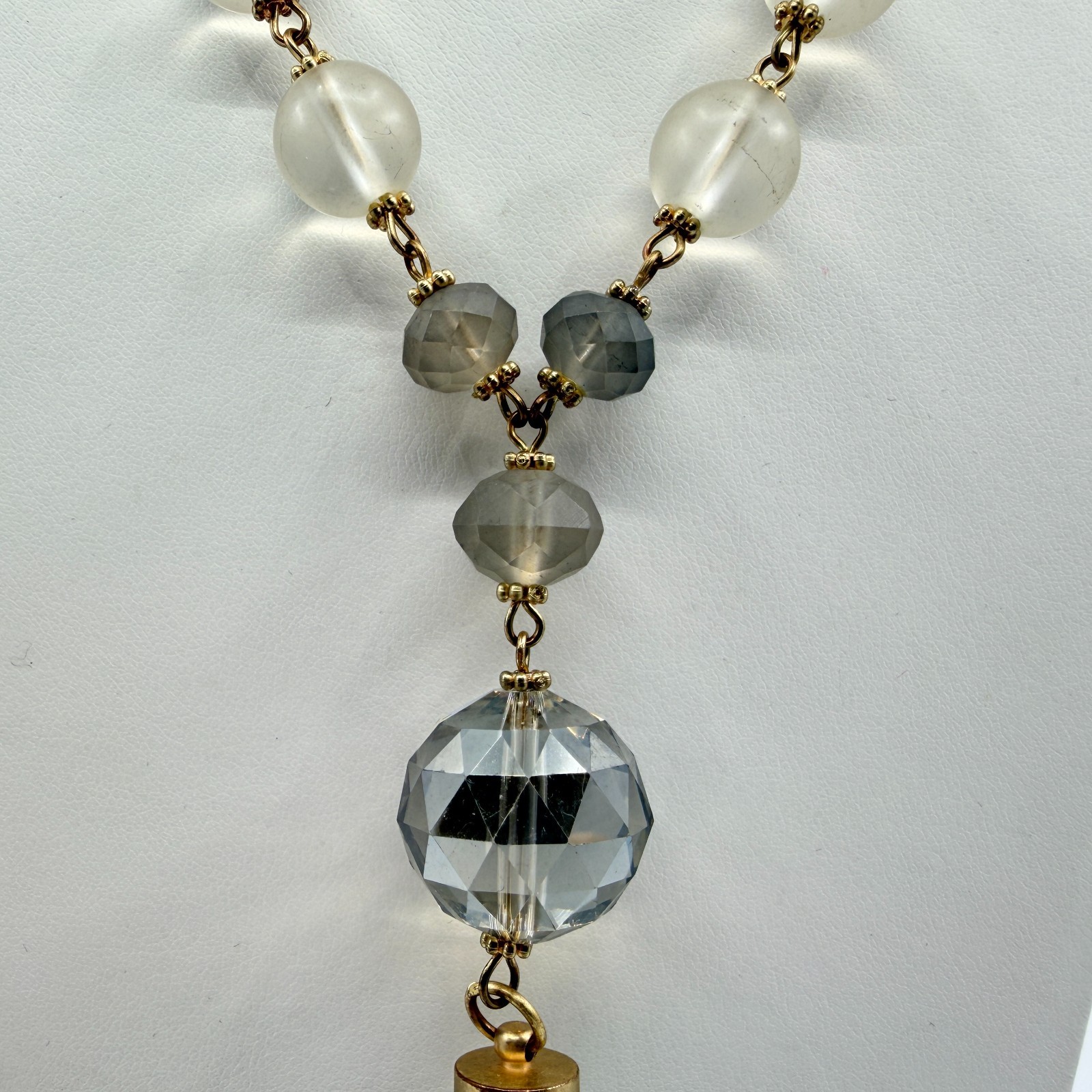 Vintage Boho Suede Tassel Pendant Necklace Gray Glass Beaded Long Statement