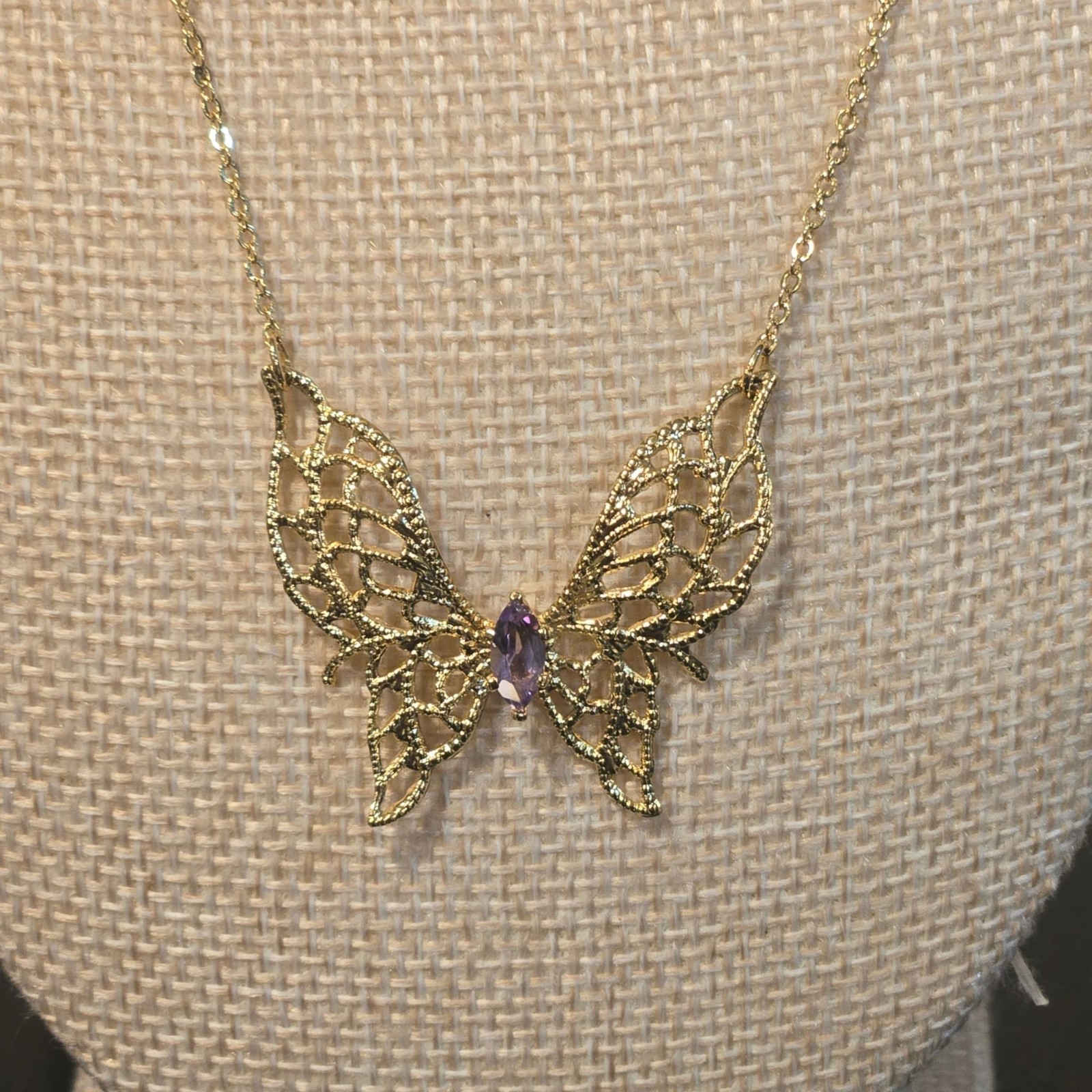 Vintage Gold Butterfly Necklace Purple Stone Filigree 14K HGE Lindenwold Jeweler