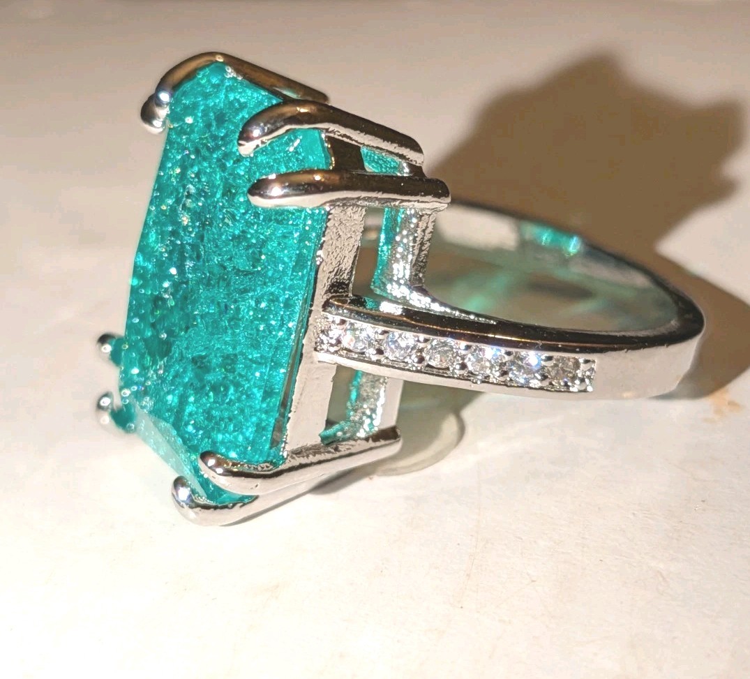 Shiny 10 CT Emerald Cut Lab-Created Paraiba Tourmaline Ring 925 Sterling Silver