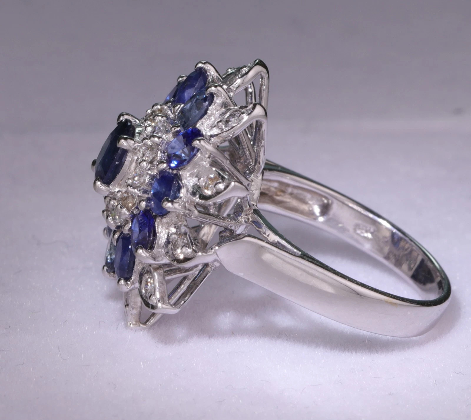 Blue Sapphire and Diamond Right Hand Ring 14K White Gold – Size 6.5