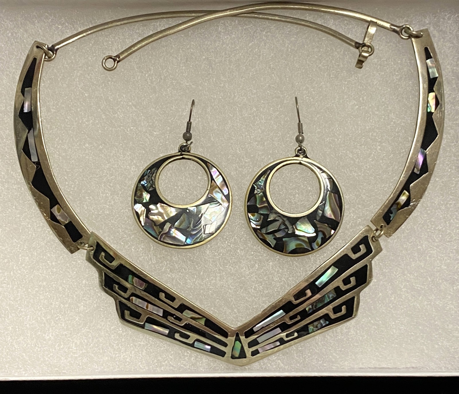 Vintage Alpaca Mex. Abalone Shell Necklace & Earring Set