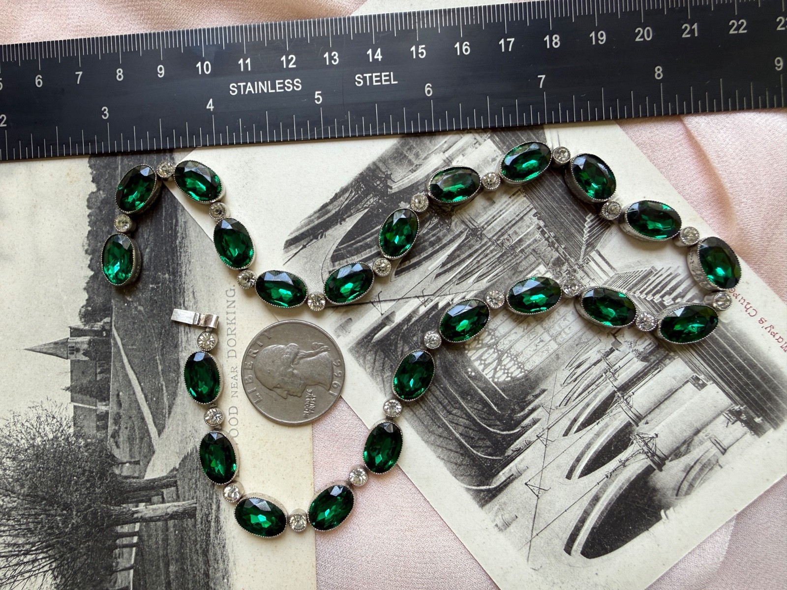 Very Nice Deco/Edwardian Emerald Paste Riviere – Silver Tone/Closed Back