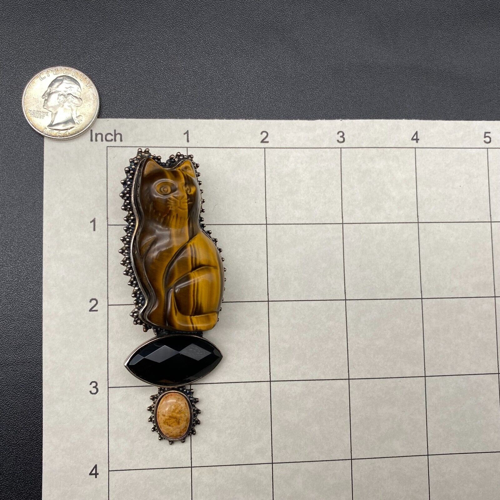 Huge AKR Amy Kahn Russell Cat Tiger Eye Sterling Silver Pendant Pin Brooch