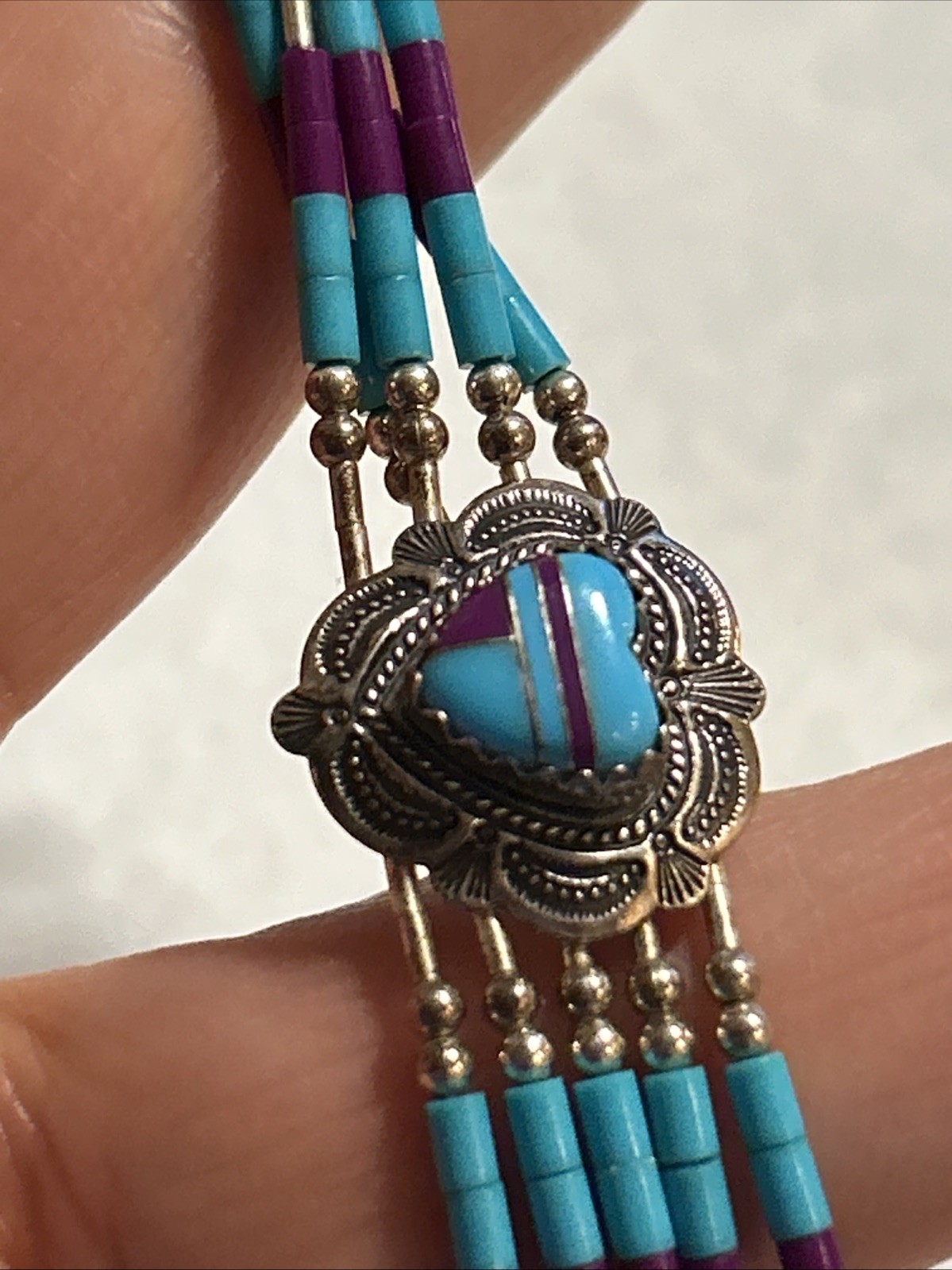 Vintage Sterling Silver Purple & Blue Turquoise Heart Inlay 925 QT Bracelet 🩵