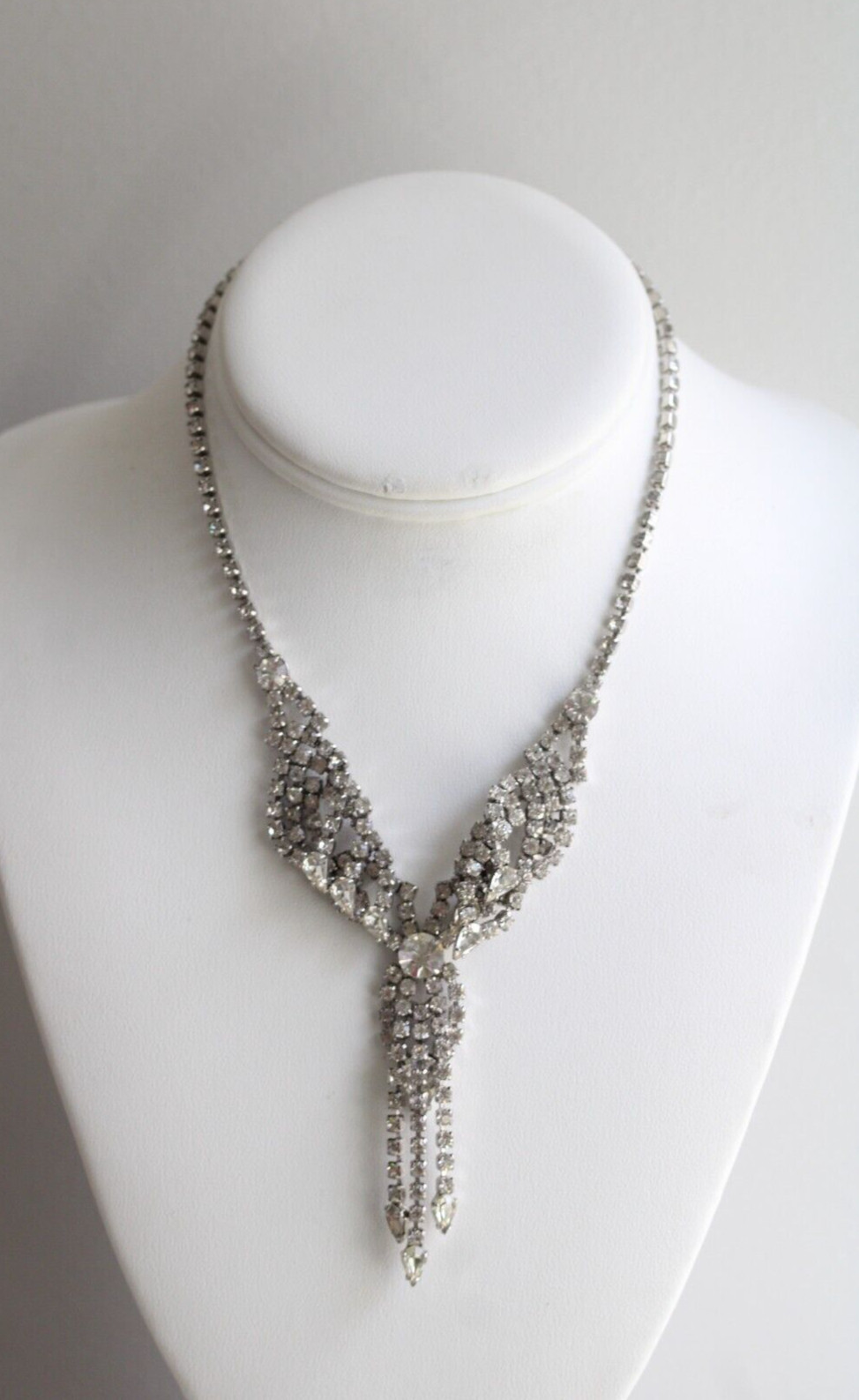 Vintage Clear Rhinestone Layered Dangling Fringe Choker Necklace 15 1/2″