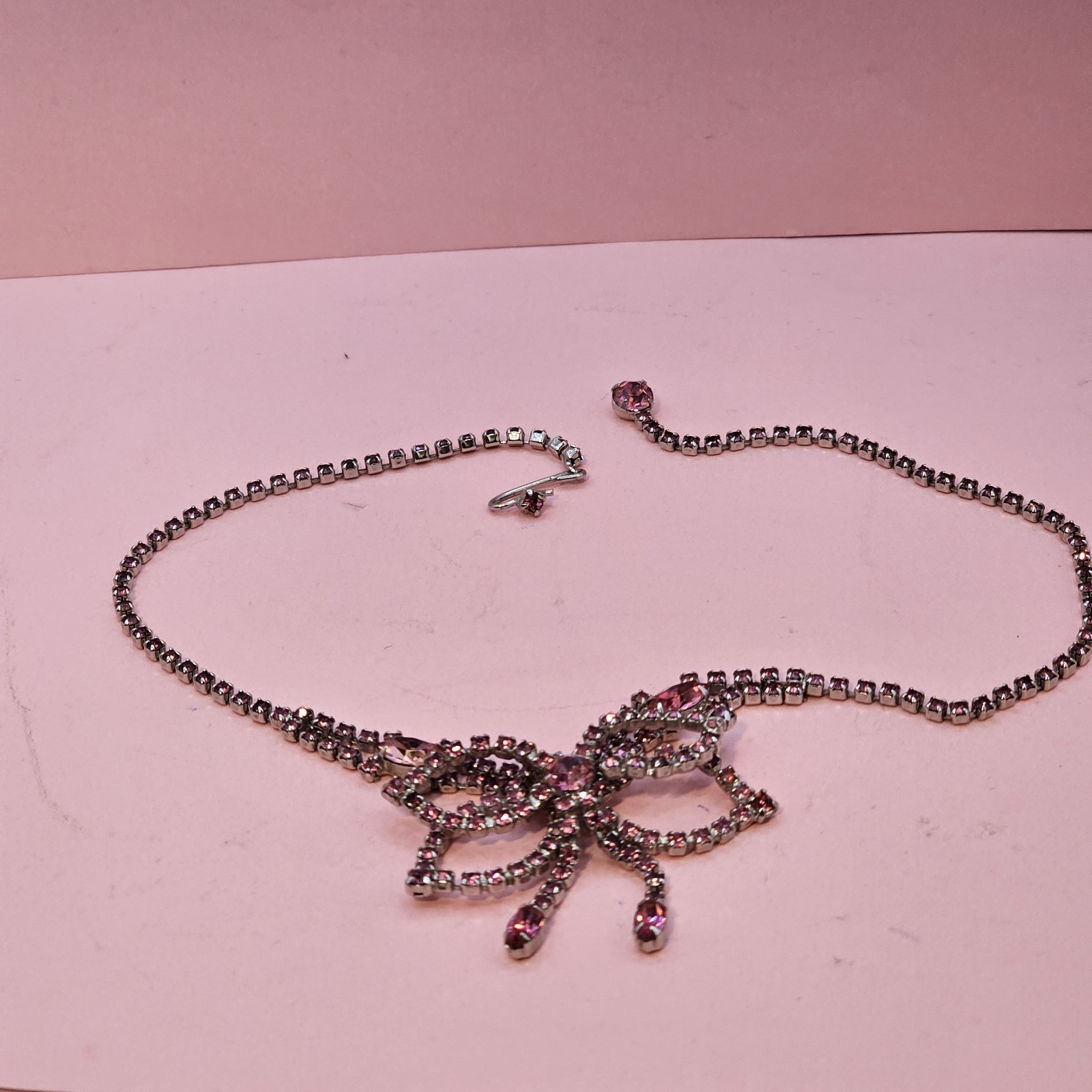 Vintage Pink Rhinestone Necklace Bow Statement Drop Bib Silvertone 1980s Prom