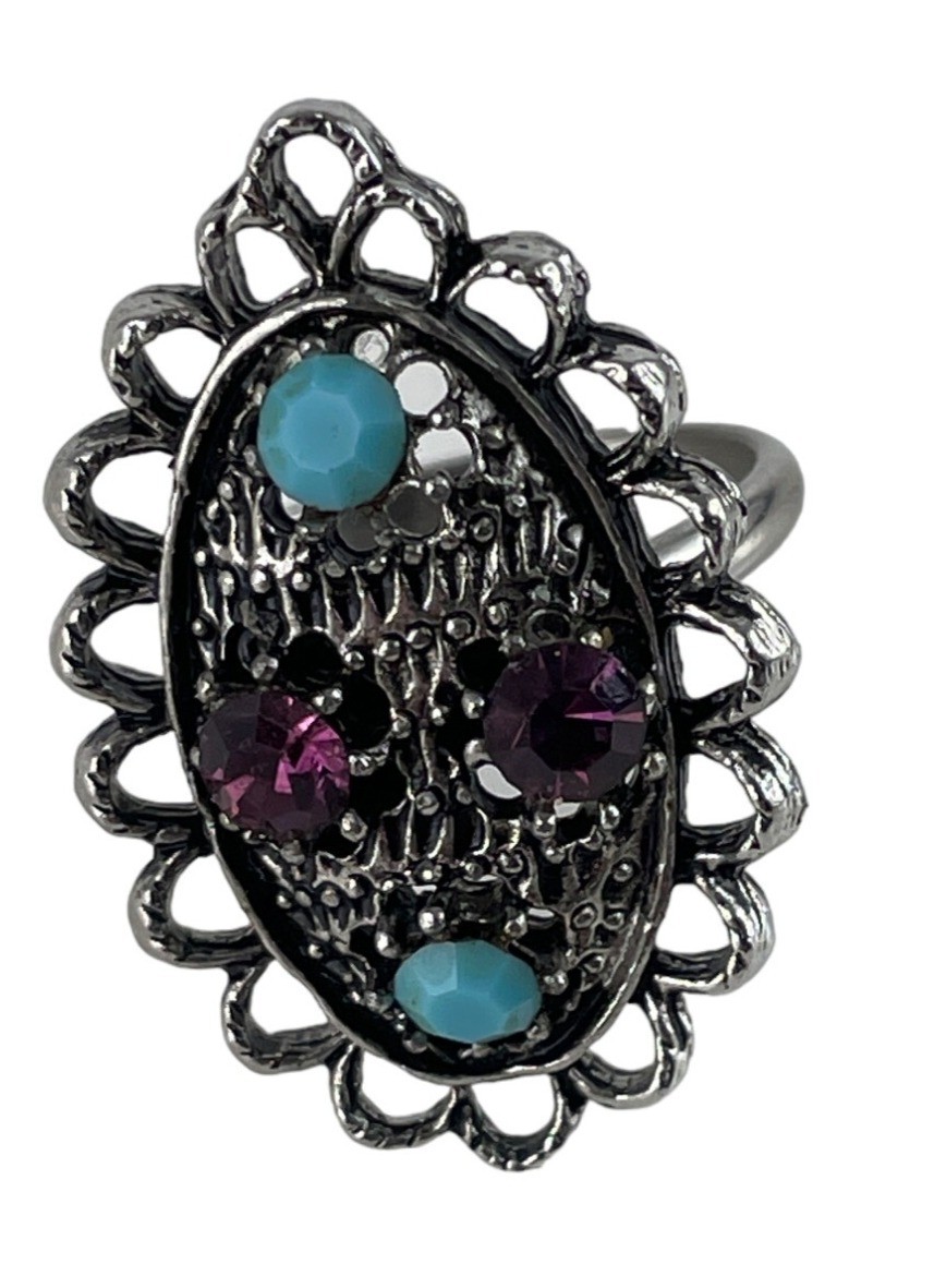 Vintage Purple & Blue Multi Stone Silver Tone Adjustable Ring