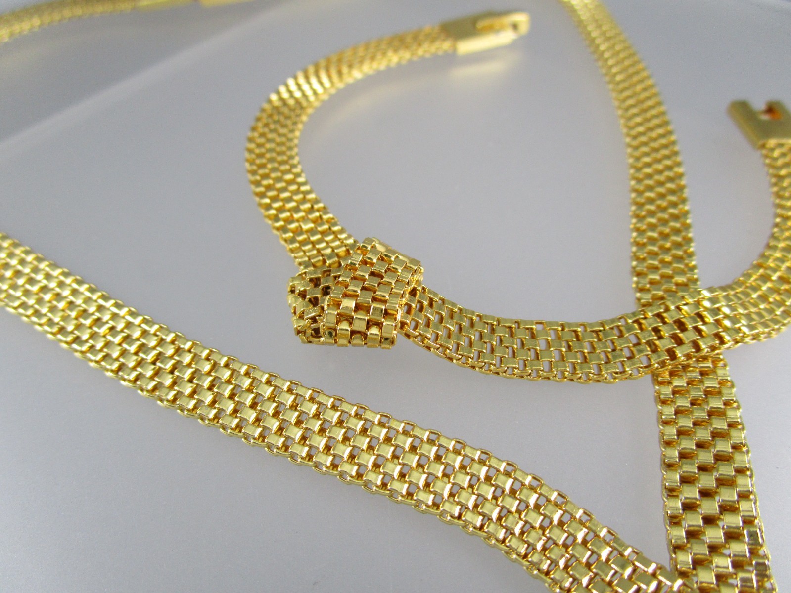 Vontage Gold Tone Metal Knotted Mesh link Chain SET Necklace & Bracelet 953