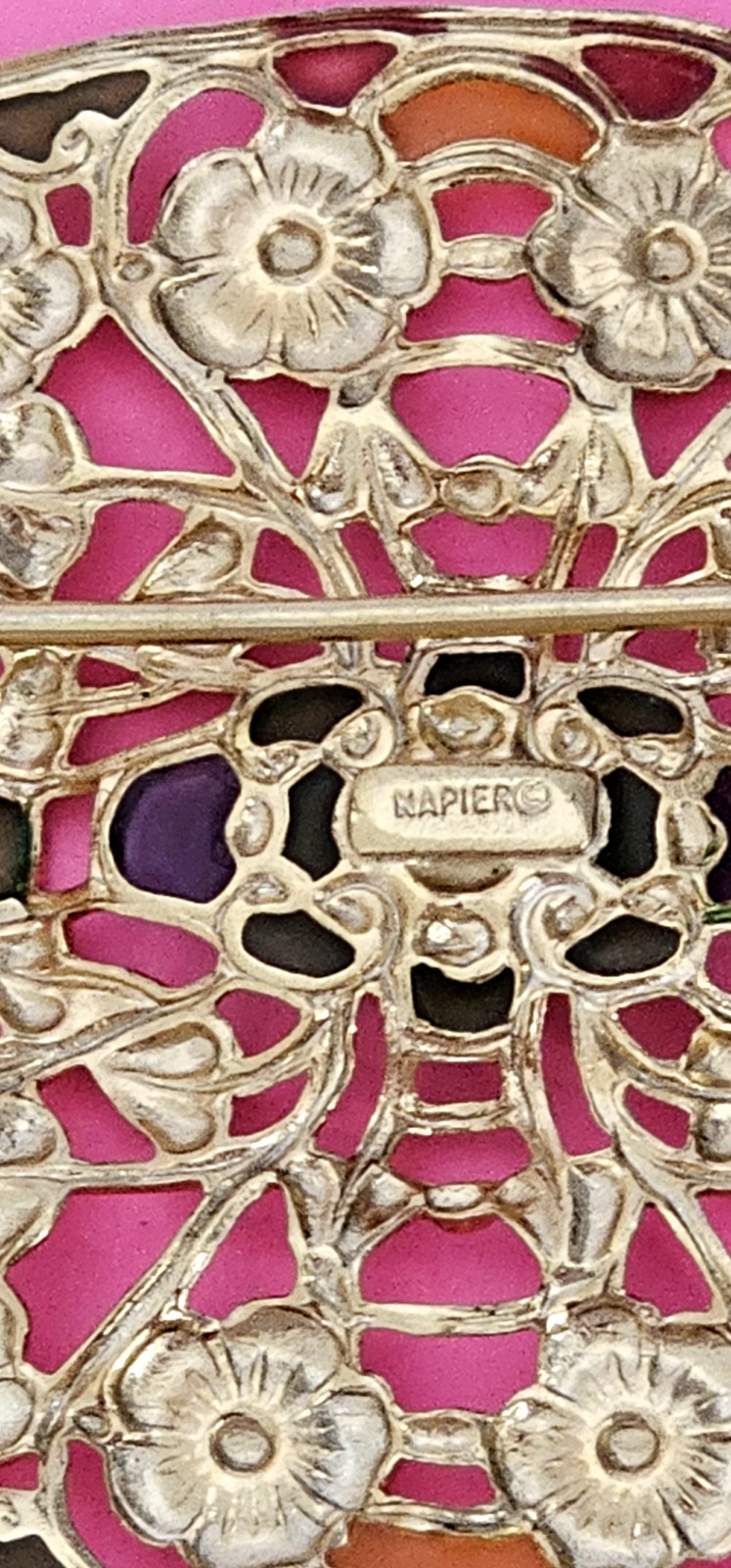 VINTAGE NAPIER broach gold tone red & green enamel almost 2” by 3” oval shape