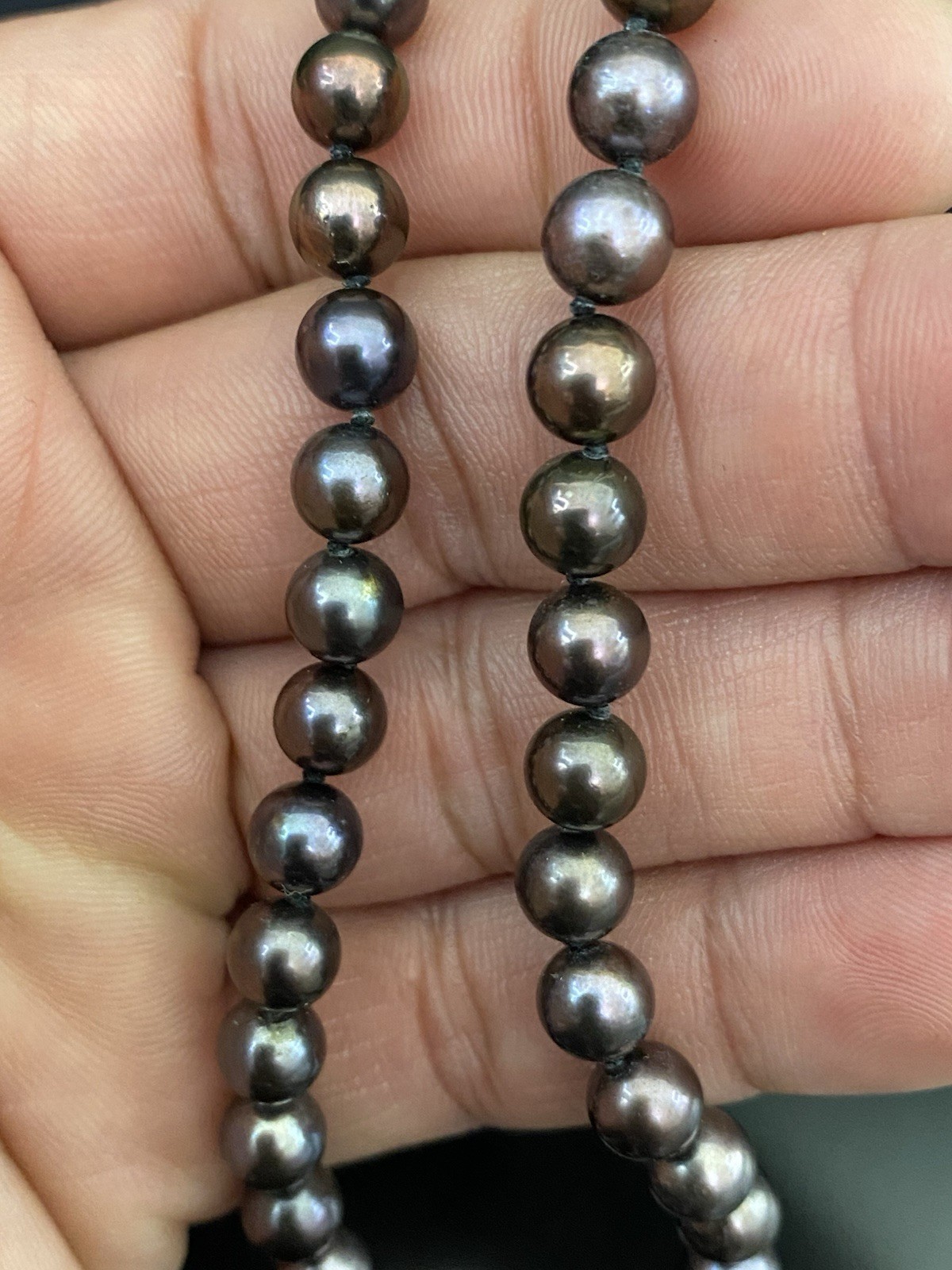 14K White Gold Fish Hook Clasp 6mm Hand Knotted Round Tahitian Pearl Necklace