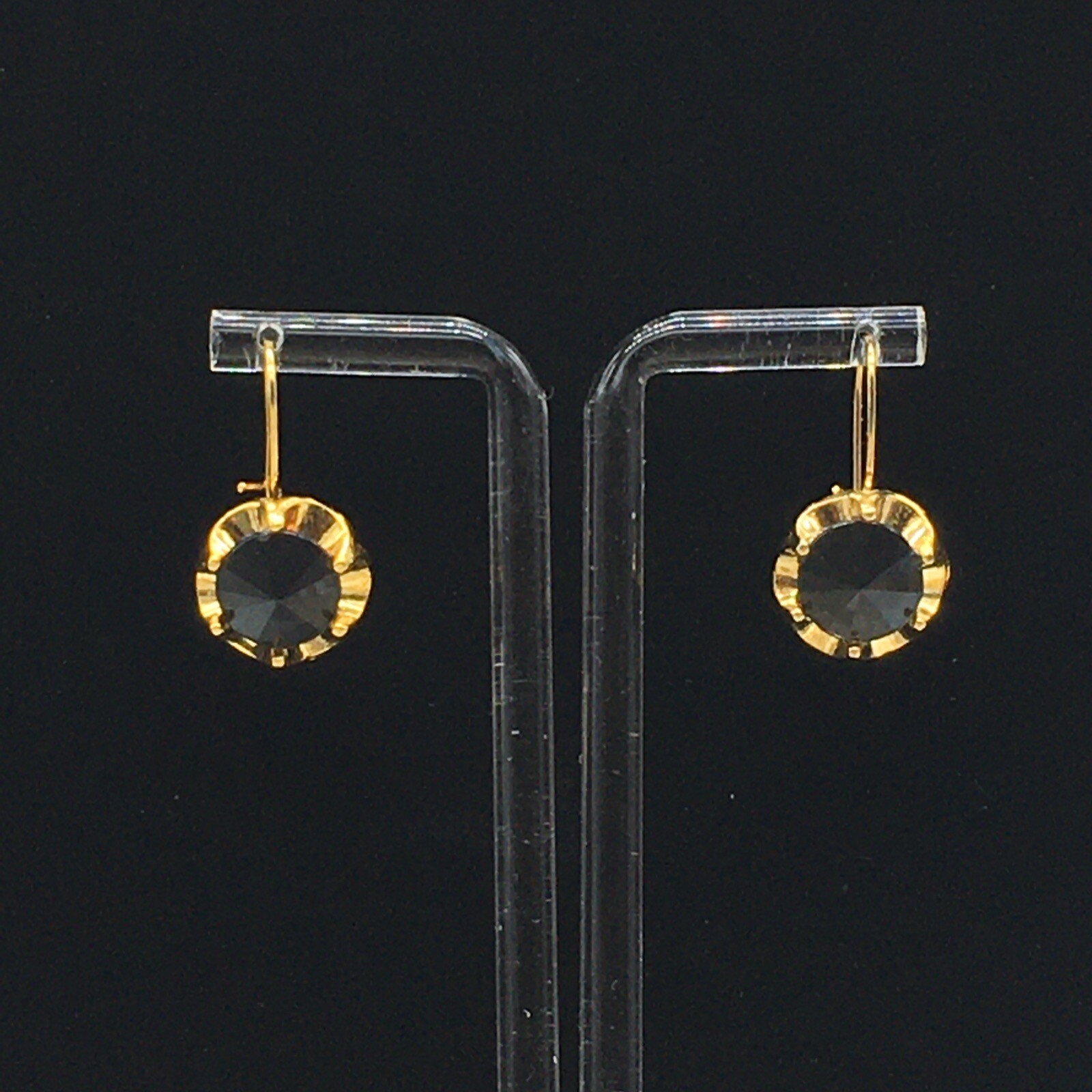 Black Leverback Earrings Gold Tone Cupcake Like Faux Tension Setting Pierced 1″