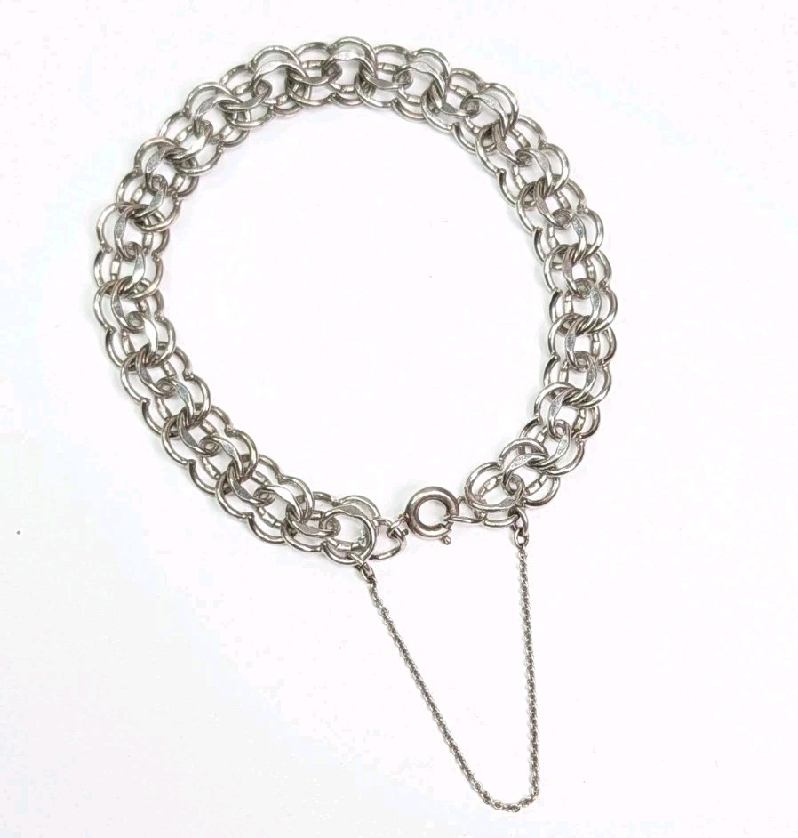 Vintage Sterling Silver Charm Bracelet Double Link 7″ Safety Chain C Clasp