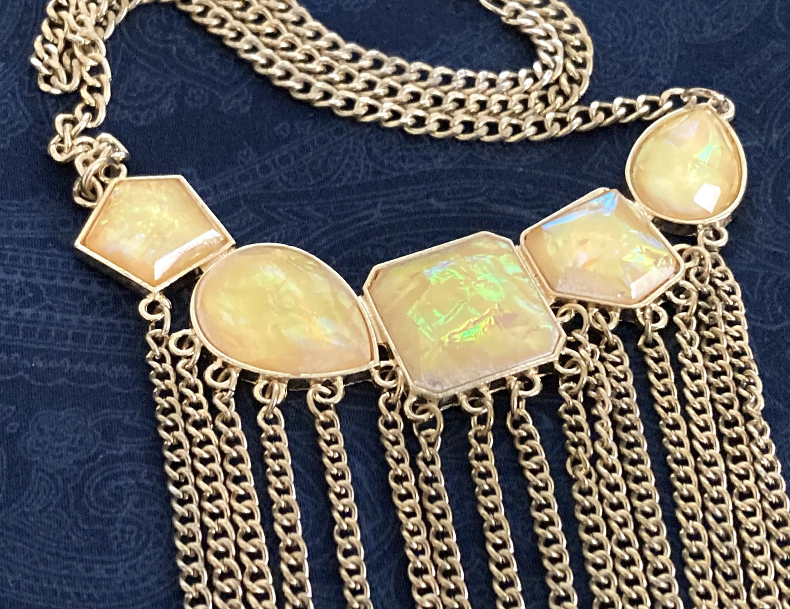 Statement Bib Fringe Necklace Gold Tone Chain Iridescent Yellow Faceted Beads