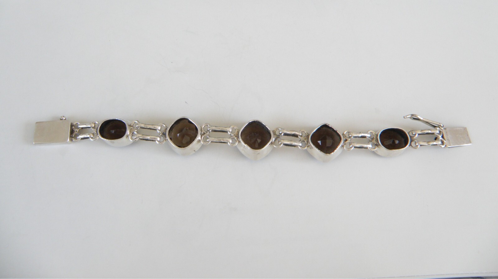 Vintage Sterling Silver 925 Artisan Signed Smoky Topaz Station Link Bracelet 8″